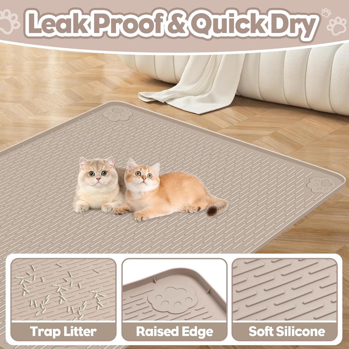 Silicone Cat Litter Mat for Litter Box 40”x28” Large Cat Mat, Khaki | Waterproof, Non-Slip, Leak-Proof Rug Mat with Lip, Easy to Clean, Extra Large Litter Catcher Mat for Floor