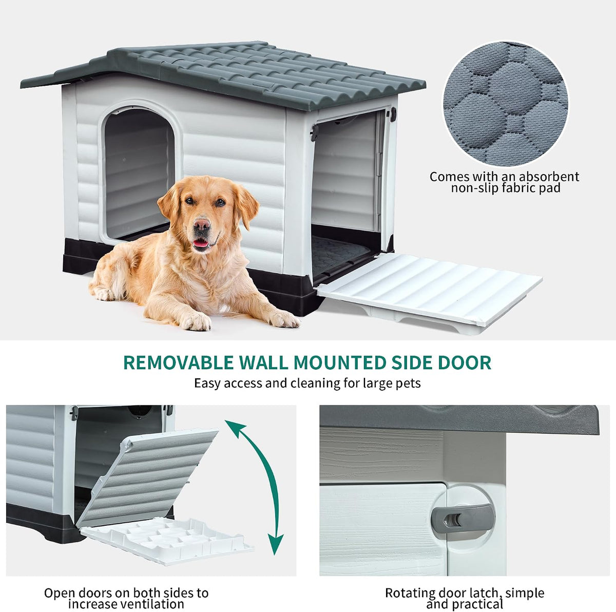DWVO 2-Door Large Dog House with Elevated Base & Cushion, Weather-Resistance Dog Bed House for Indoor/Outdoor Use, Easy Assembly Pet House for Small to Large Dogs (43.7''L x 33''W x 31.6''H)