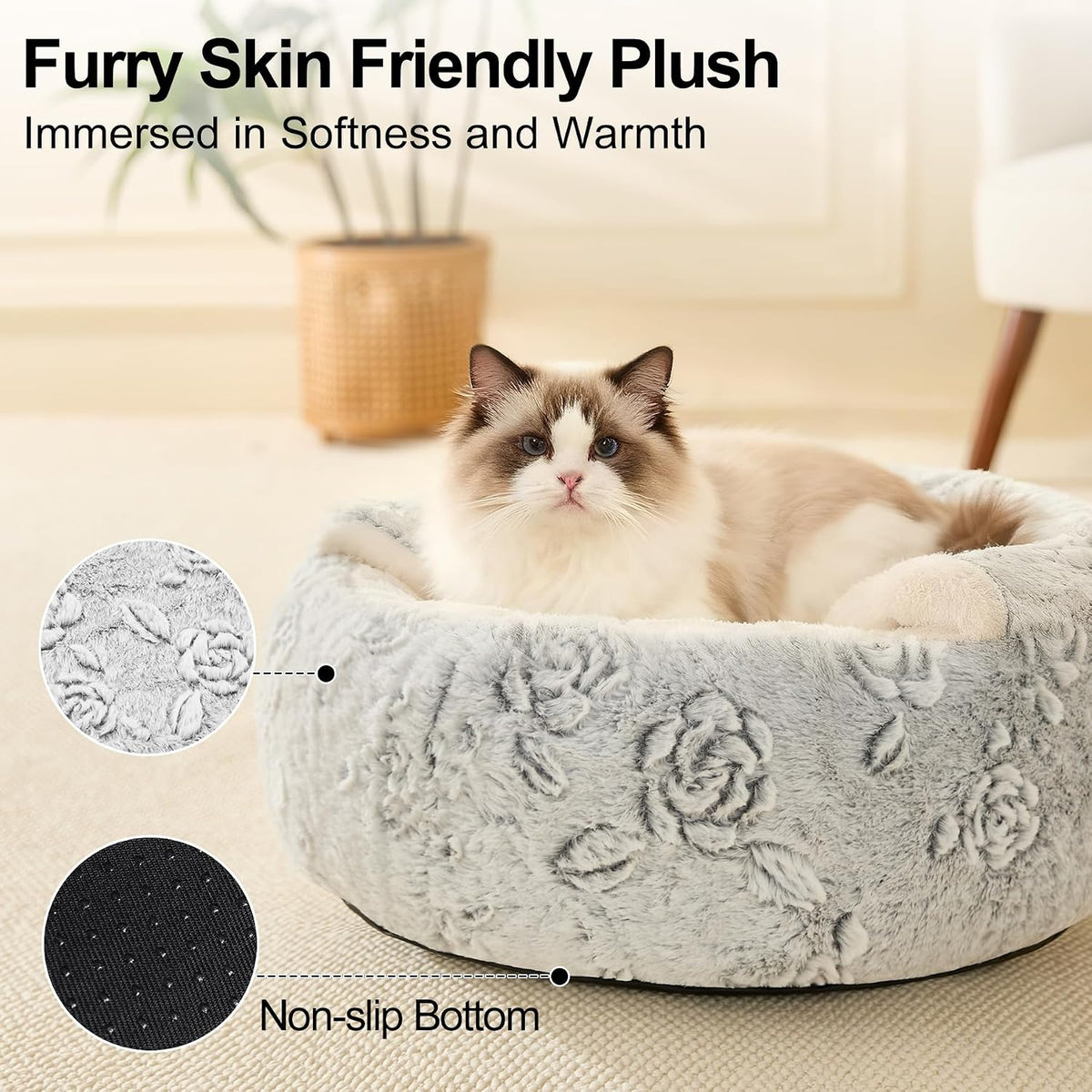 Calming Dog Beds & Cat Cave Bed with Hooded Cover,Removable Washable Round Beds for Small Medium Pets,Anti-Slip Faux Fur Fluffy Coved Bed for Improved Sleep,Fits up to 15/25 lbs(Rose,S)