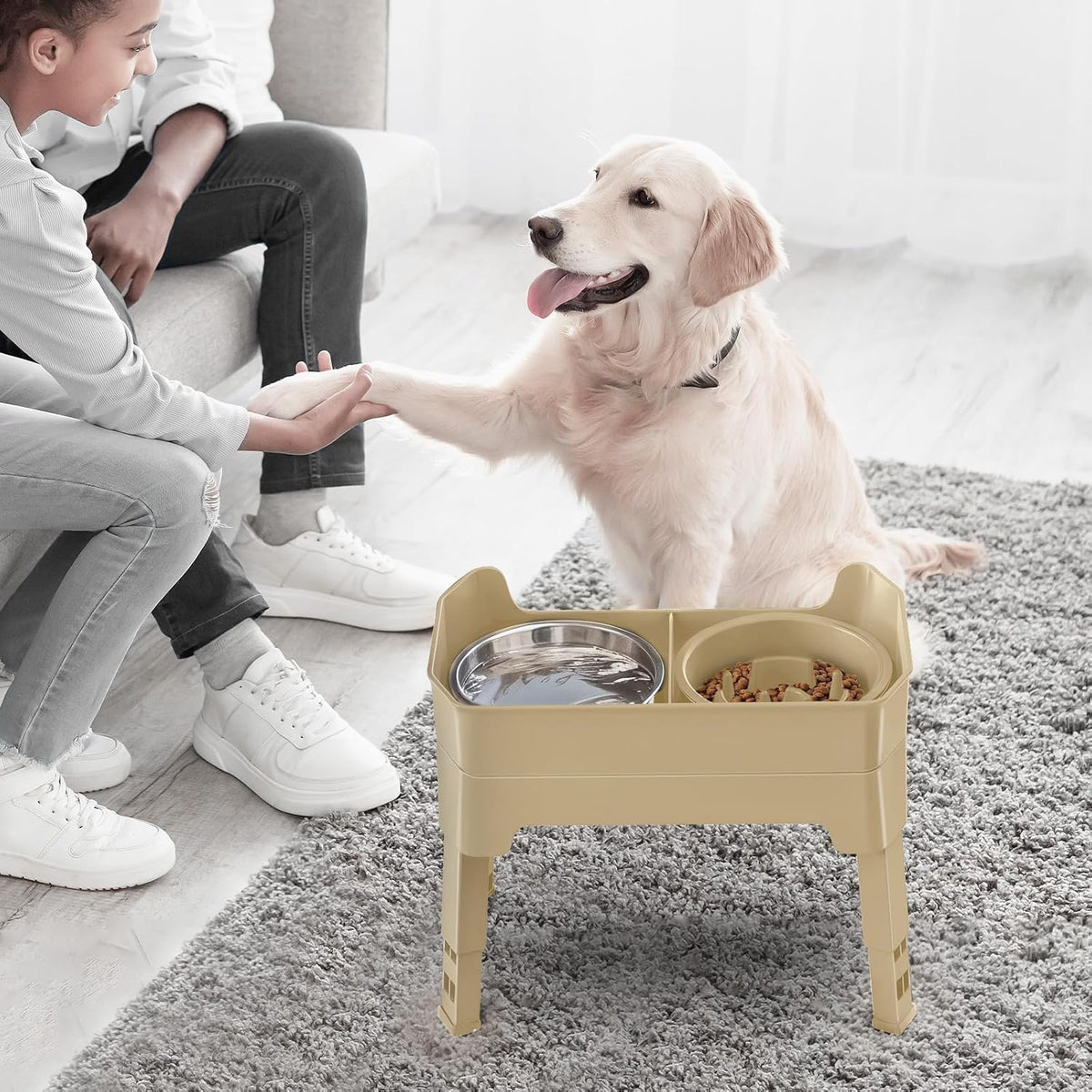 4-in-1 Elevated Slow Feeder Dog Bowls, 4 Height Adjustable Mess Proof Raised Dog Bowl Stand with Licking Plate, 2 Stainless Steel Dog Food Bowl & Slow Feeder for Large Dogs Pets, Beige