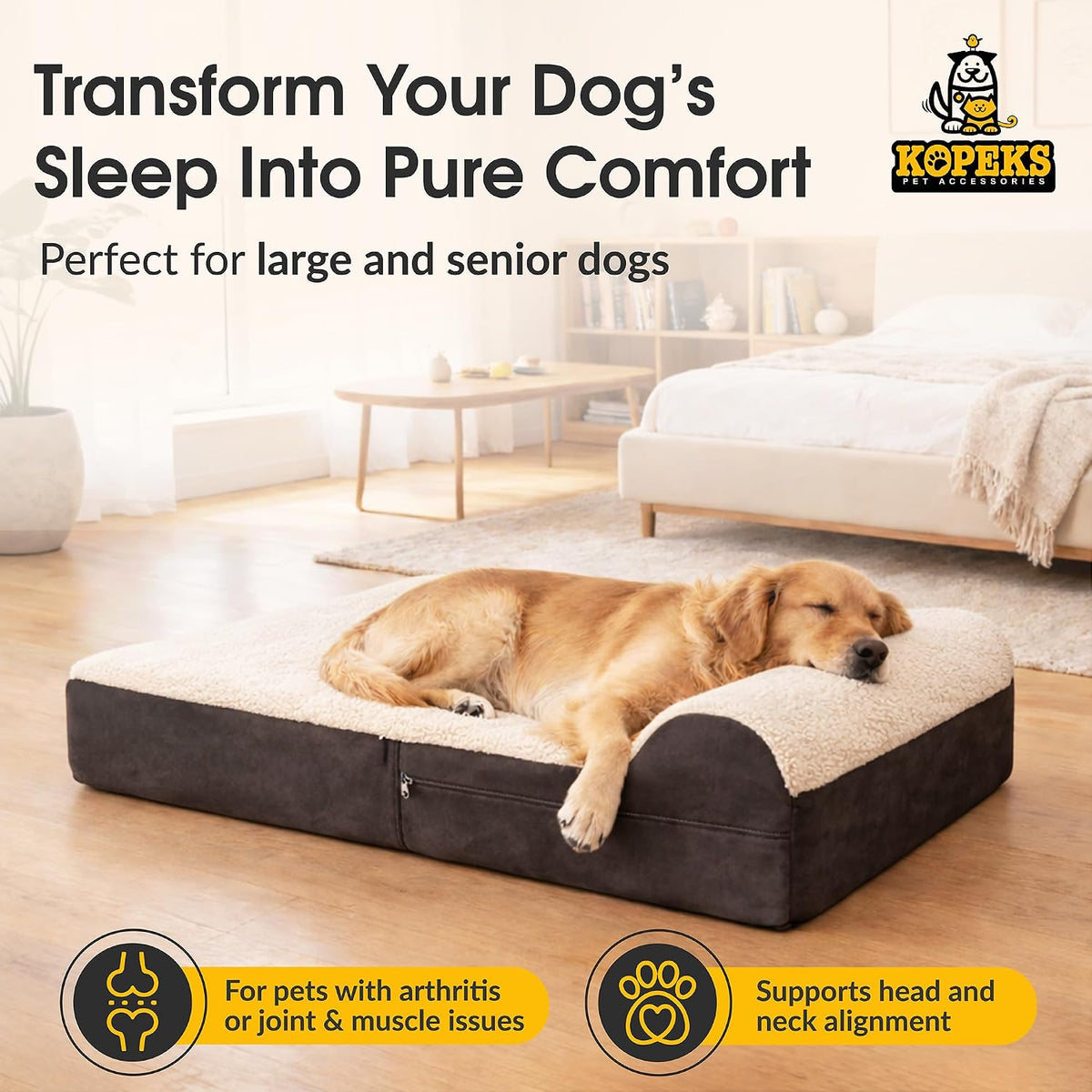 KOPEKS Jumbo Orthopedic Dog Bed - 7-inch Thick Memory Foam Pet Bed with Pillow with Removable Cover & Free Waterproof Liner - for Large Breed Dogs, XL, Brown-Plush Top