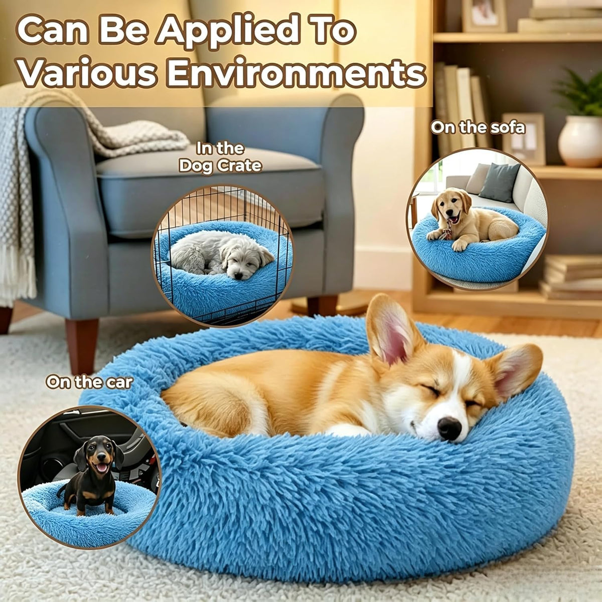 Calming Donut Dog Bed for Small Dogs, Anti-Anxiety Round Washable Plush Fluffy Faux Fur Large Cat Bed, 24 inches Fits up to 25 lbs Pets, Anti-Slip Waterproof Mute Base Blue