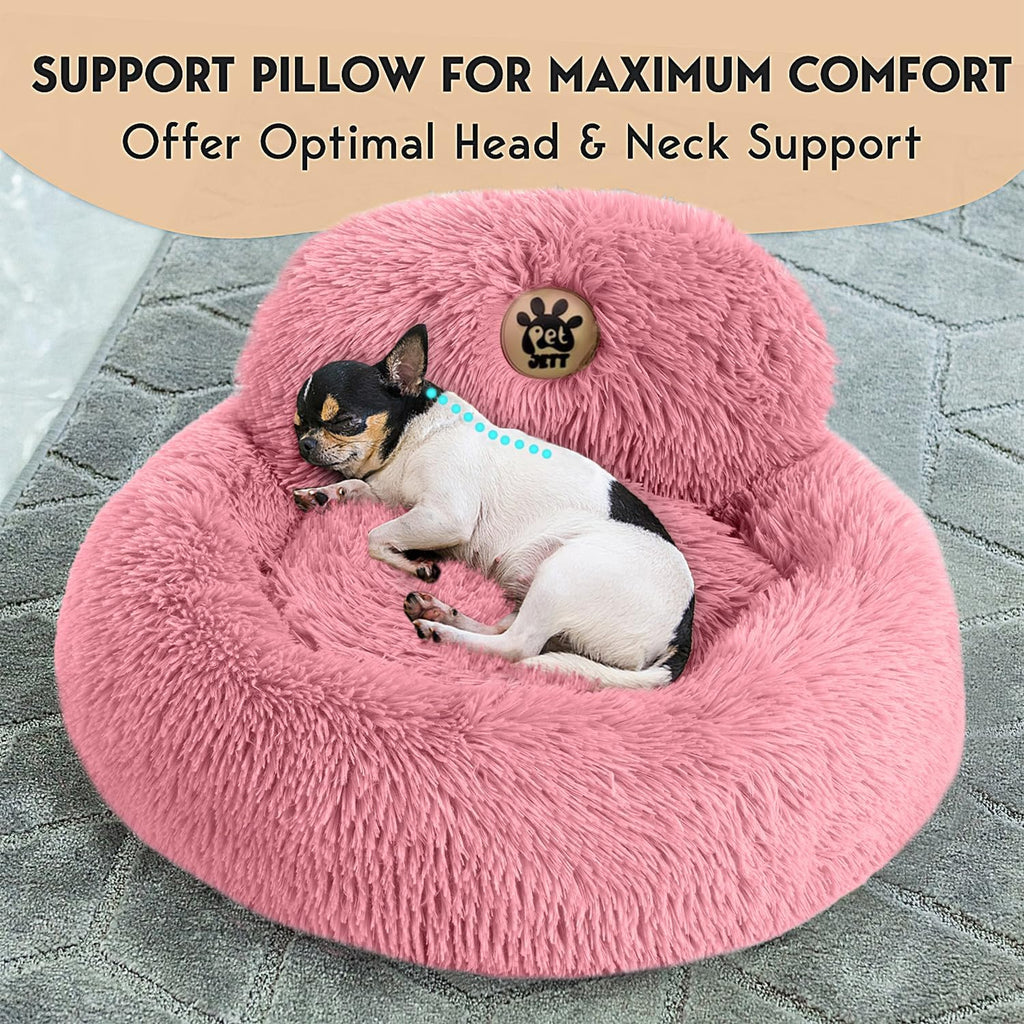 PetJett Calming Dog Bed for Small Dogs – 23" Donut Dog Beds, Anti-Slip & Washable Fluffy Plush Faux Fur Pet Bed, Anti-Anxiety Premium Comfort Round Puppy Bed, Fits Dogs up to 25 lbs – Pink