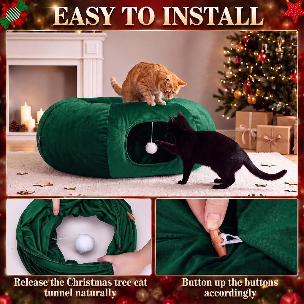 Christmas Tree Cat Tunnel 36 in Donut Bed, Green, Velvet, Fluffy