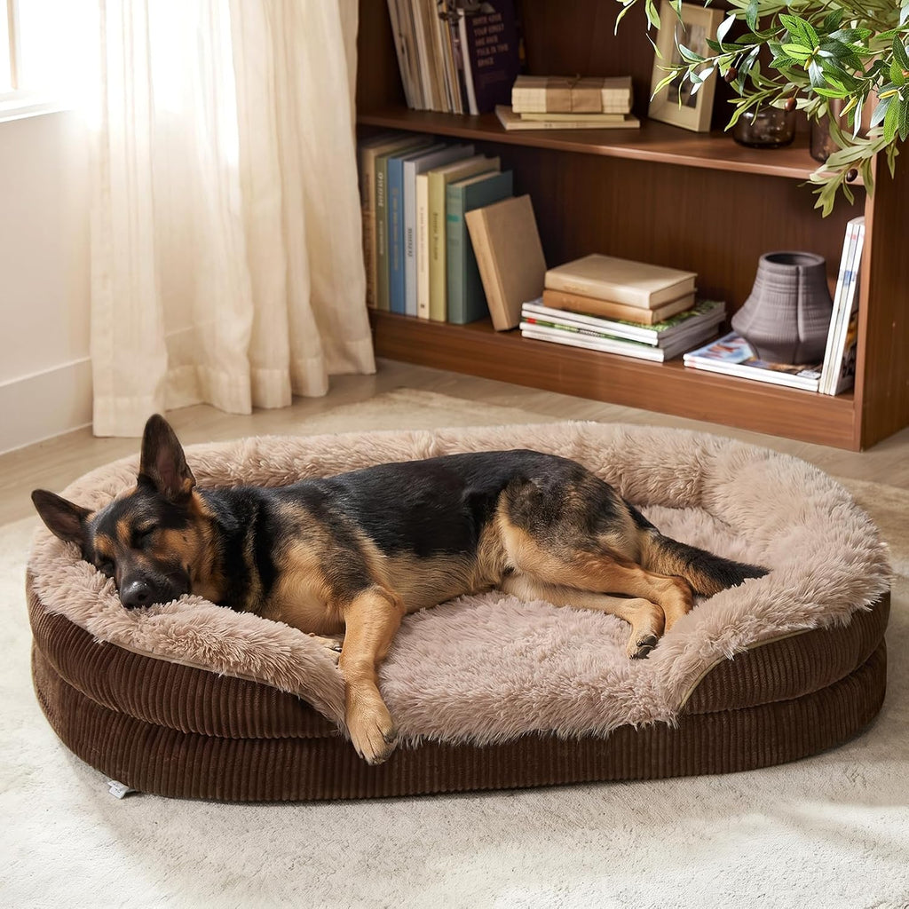 INVENHO Fluffy Orthopedic Dog Bed for Extra Large Dogs, XXL Egg-Crate Foam Bolster Sofa Bed with Washable Removable Waterproof Cover, Fluffy Plush Faux Fur Dog Bed with Nonskid Bottom