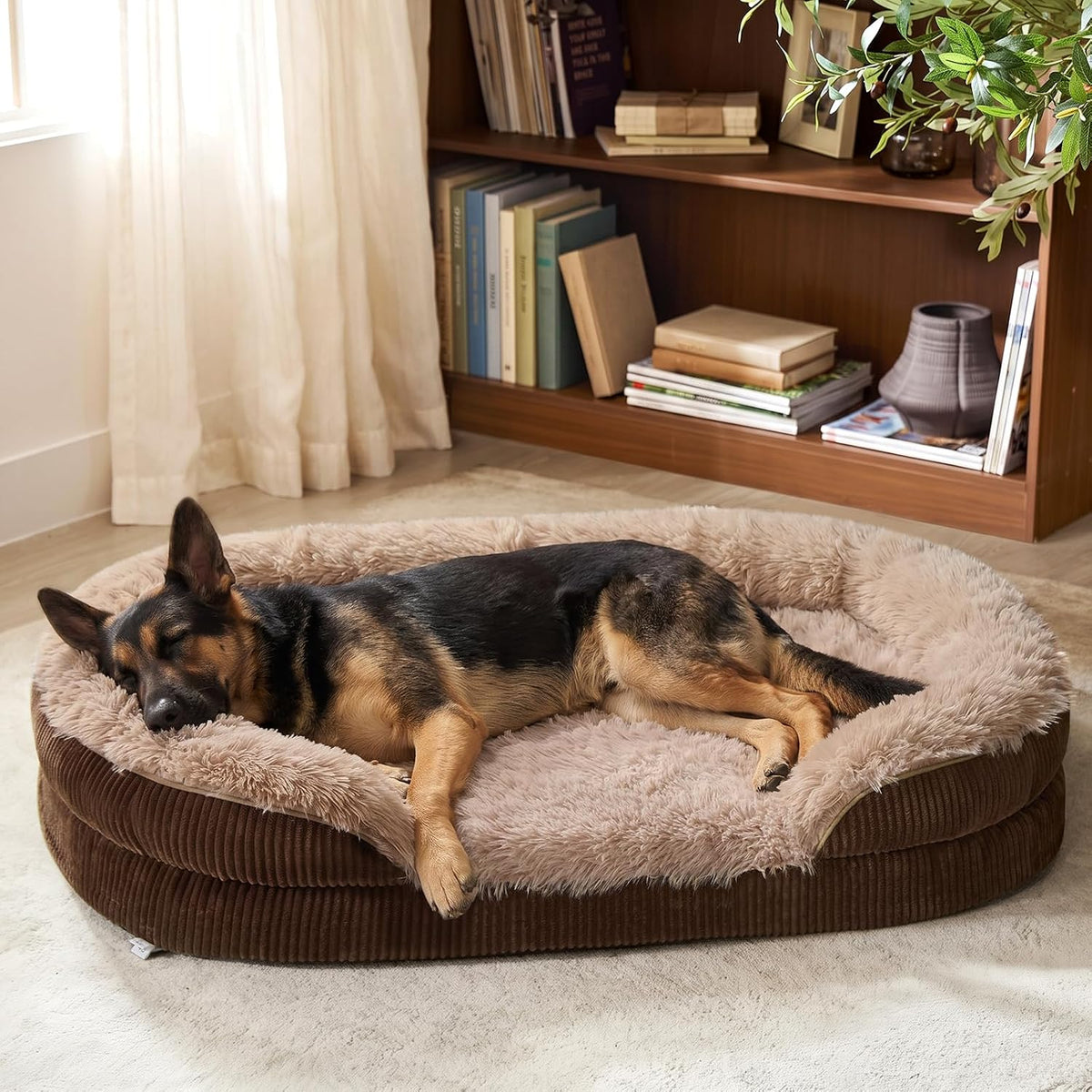 INVENHO Fluffy Orthopedic Dog Bed for Extra Large Dogs, XXL Egg-Crate Foam Bolster Sofa Bed with Washable Removable Waterproof Cover, Fluffy Plush Faux Fur Dog Bed with Nonskid Bottom