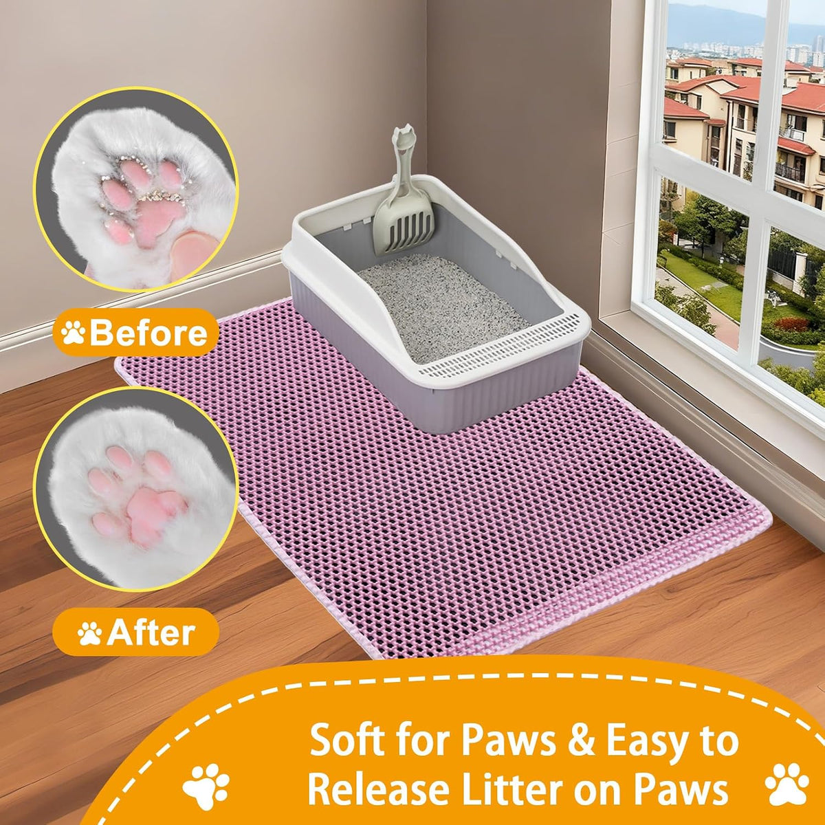 Cat Litter Mats,Cat Litter Box Mat 32"x22", 2 Layer Kitty Litter Mat,Llitterbox Mat,Waterproof Urine Proof, Clean Easily, Pink, Medium