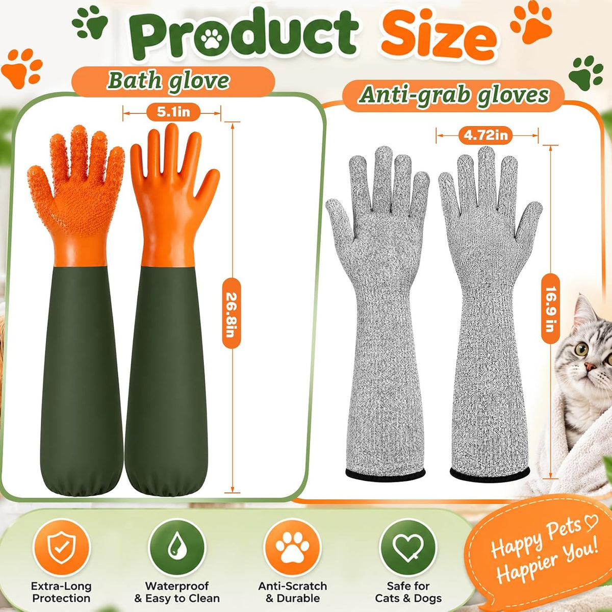 2 Pair Pet Grooming Bathing Gloves for Dogs & Cats,26.8 in & 16.9 in