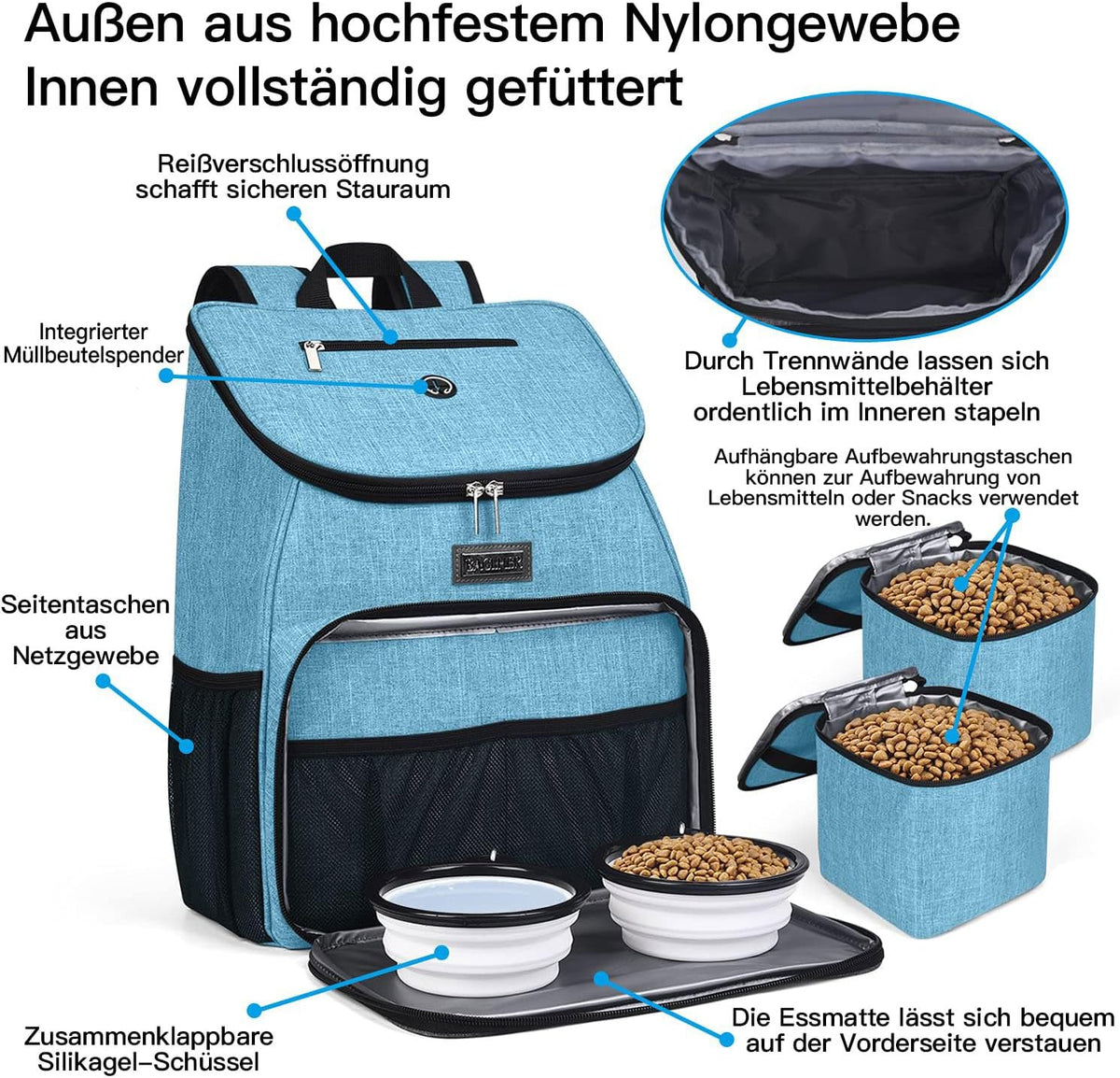 BAGLHER丨Dog Travel Bag, Airline Approved Pet Supplies Backpack, Dog Travel Backpack with 2 Silicone Collapsible Bowls and 2 Food Baskets