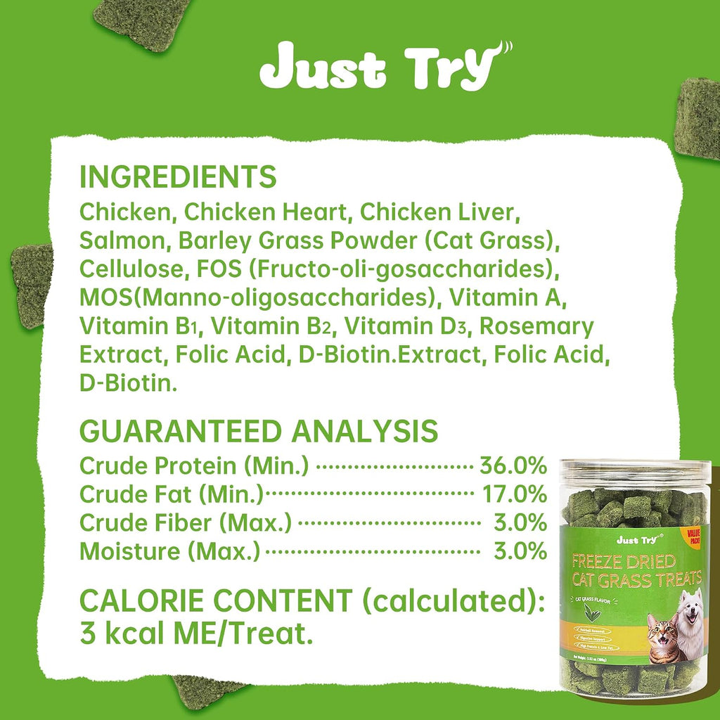 Just Try 3.52 oz Freeze Dried Cat Grass Treats Hairball Control & Healthy