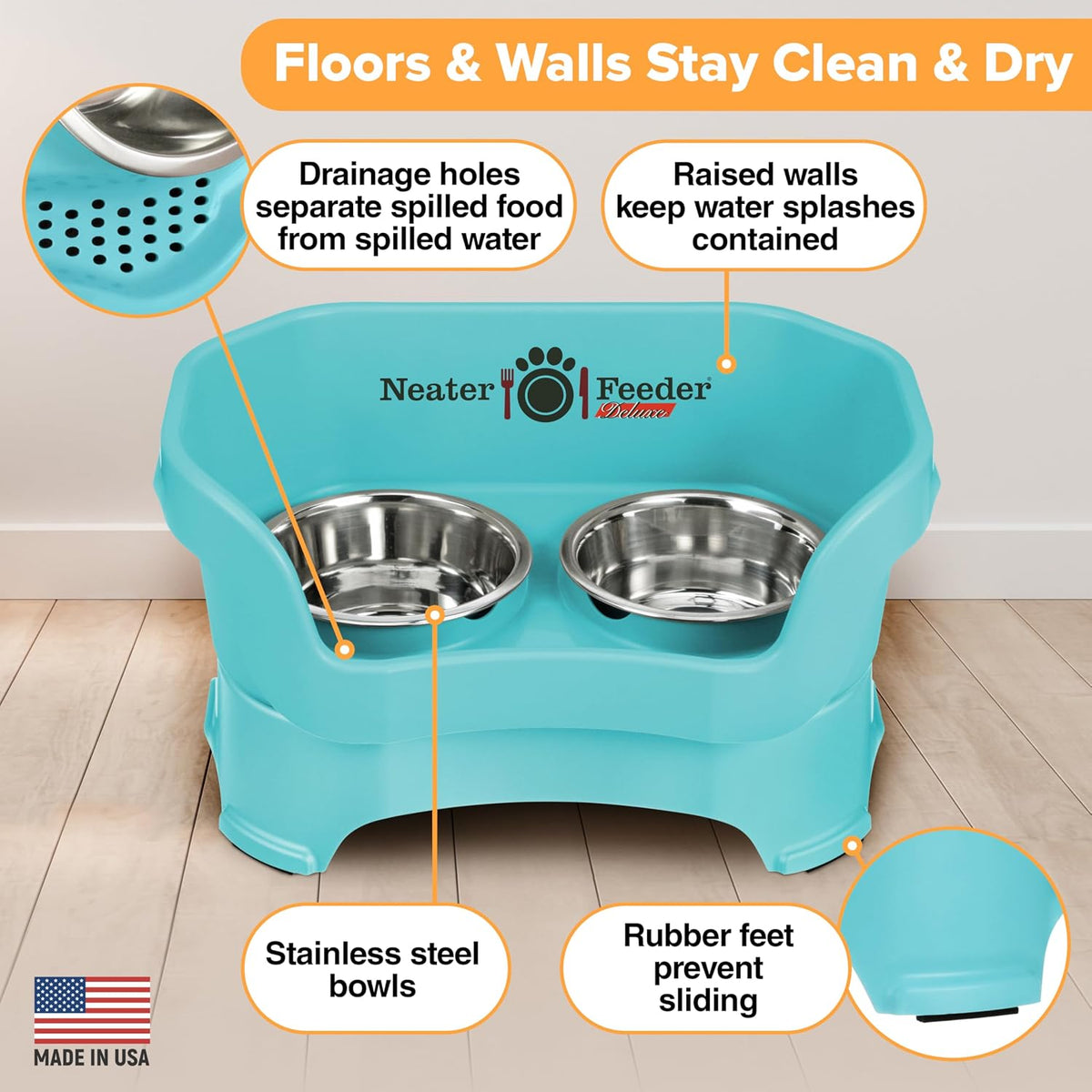 Neater Pet Brands Neater Feeder Deluxe Mess Proof Dog Bowls Elevated for Medium Dogs 19-40 lbs, Made in USA, No Spill Raised Dog Food Bowl Stand Feeding Station, Food and Water Bowl Set, Aquamarine 