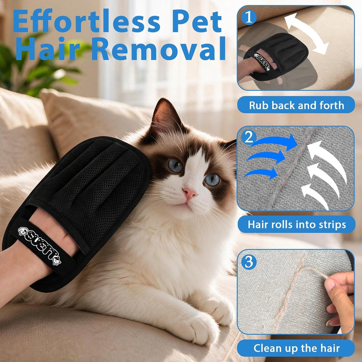 SUETT Pet Hair Removal Gloves, Reusable Five-Finger Grooming Gloves for Dogs and Cats, Removes Pet Hair from Clothes, Sofas, Carpets, and Car Seats, Black