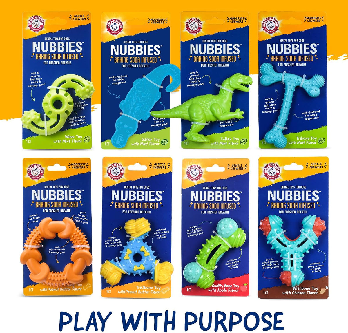 Arm & Hammer Nubbies T-Rex Dog Dental Chew Toy, Mint Flavor, 24-Pack | Nylon construction, baking soda infused, reduces plaque and tartar without brushing, moderate chewers