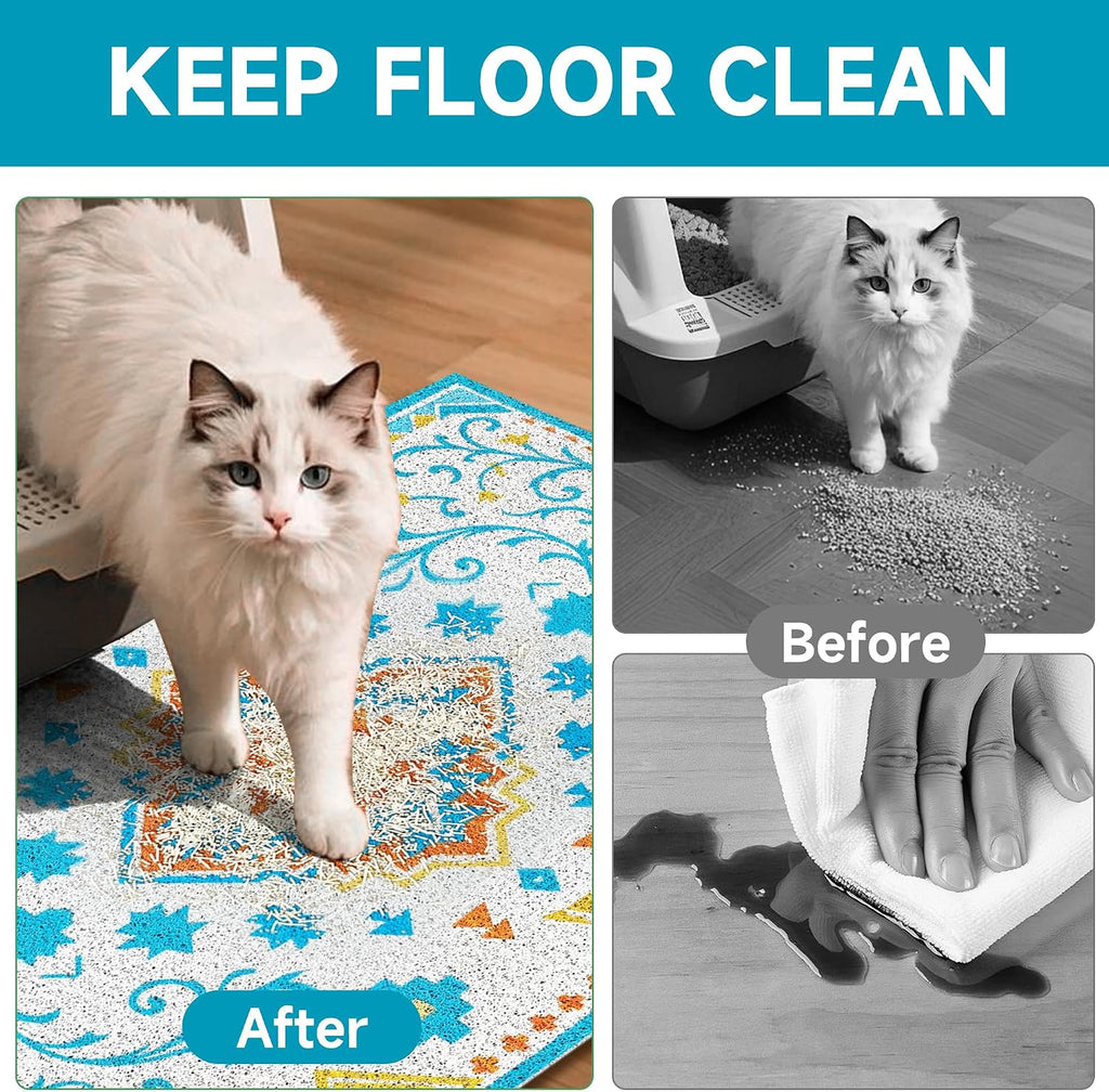 Cat Litter Mat, 35" x 23" Litter Box mat, Traps 100% Litter, Non-Slip Kitty Litter Trapping mats, Large Cute Litter mat, Easy Clean for Scatter Control, Bohe cat Food mat, Urine Waterproof | Traps 100% Litter, Cute litter mat for litter box, Soft on Ki...