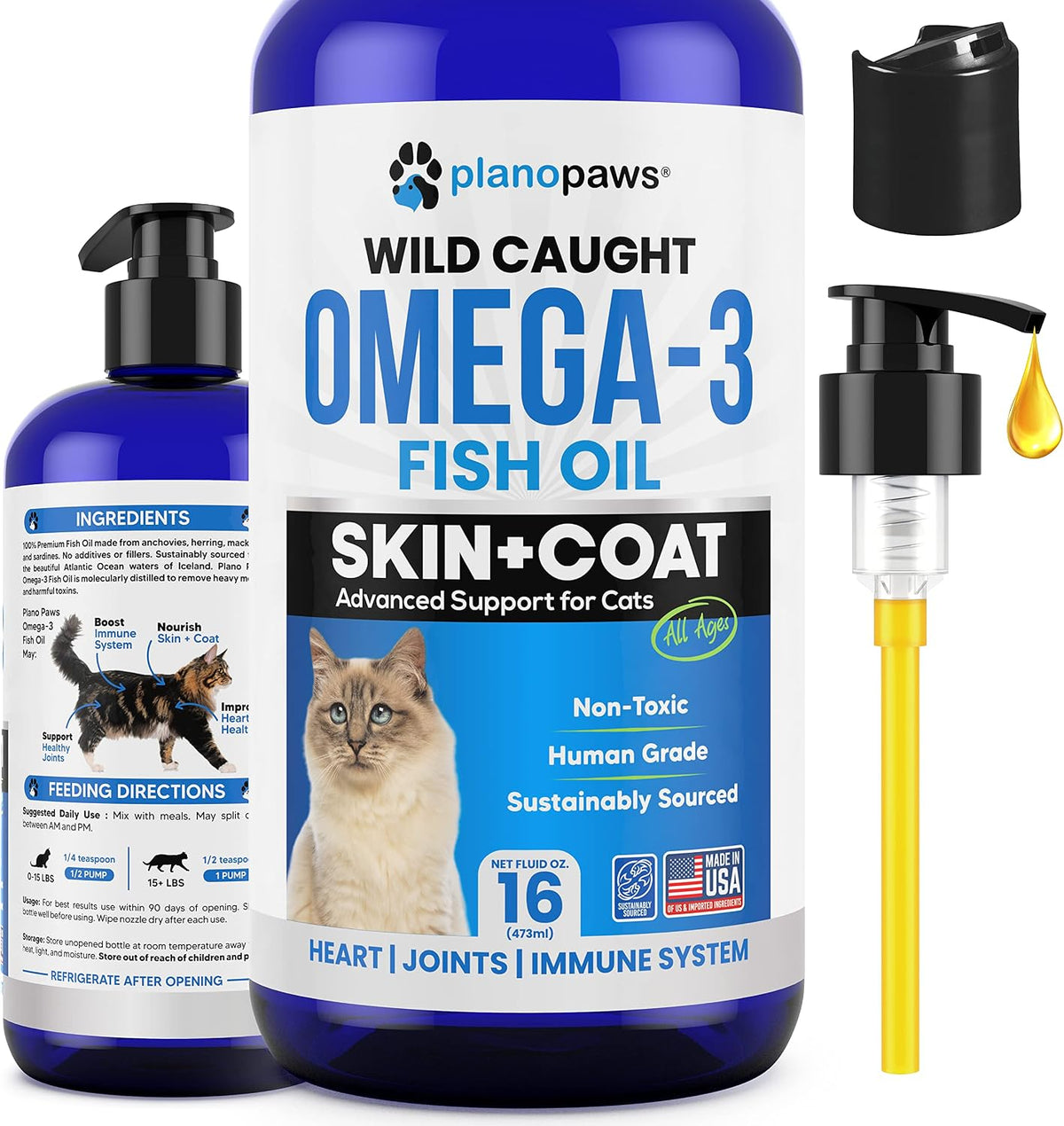 Omega 3 Fish Oil for Cats - Wild Caught, Skin and Coat, 16 fl oz Liquid