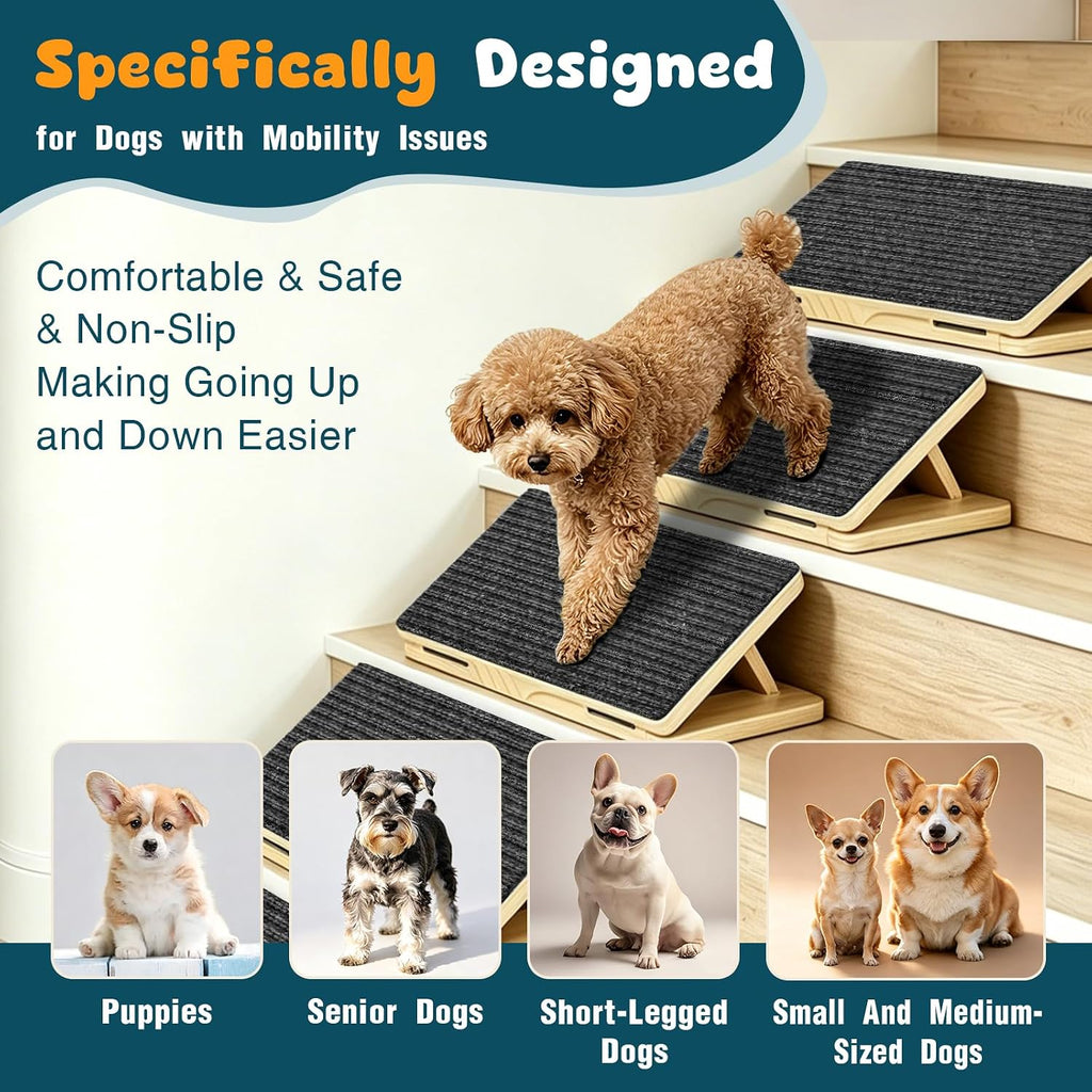 6-Pack Small Dog Ramp for Stairs, Adjustable Gentle Low-Angle Wooden Pet Stair Wedges, Non-Slip Carpet Surface, No Assembly Portable Sturdy Pet Steps for Small Dogs, Senior, Injured, Short-Legged