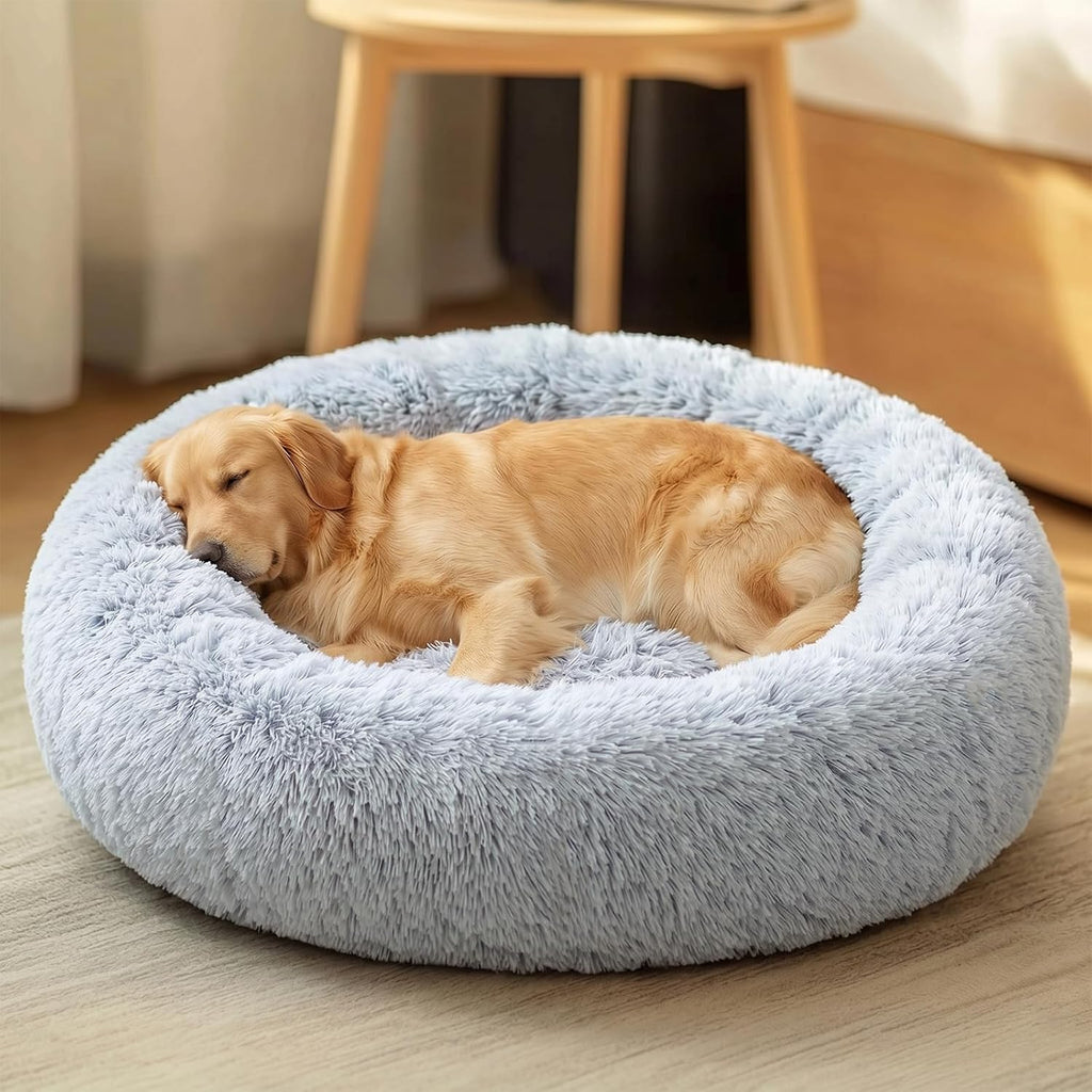 JOLLYVOGUE Calming Dog Beds Extra Large Sized Dog, 45in Donut Washable Large Pet Bed, Anti-Slip & Anti-Anxiety Fluffy Faux Fur Round Dogs Bed, Fits up to 125 lbs Pets (Smoke Grey)