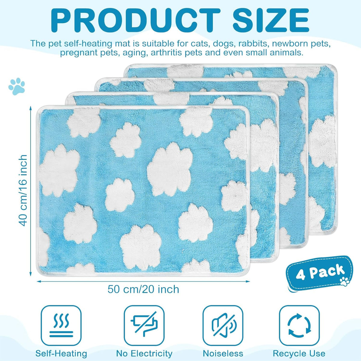 4 Pack Self Heating Cat Pad Self Warming Dog Mat, Clouds, 16 x 20 Inch