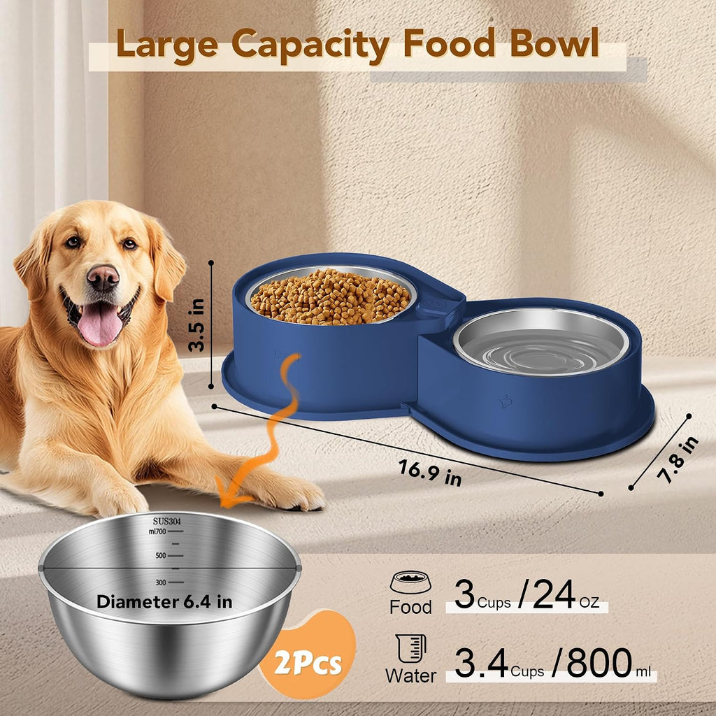 Newget 304 Stainless Steel Dog Bowl Set, 24oz Foldable Pet Dishes, Blue | Dual Food & Water Pet Bowl, Anti-Skid, Keeps Food Fresh, Easy to Install, for Small - Large Dogs/Cats - Indoor & Outdoor Use