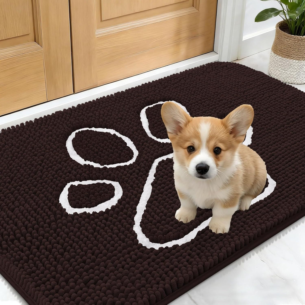 OLANLY Dog Door Mat for Muddy Paws 24x16, Paw Print Design Chenille Mud Mat