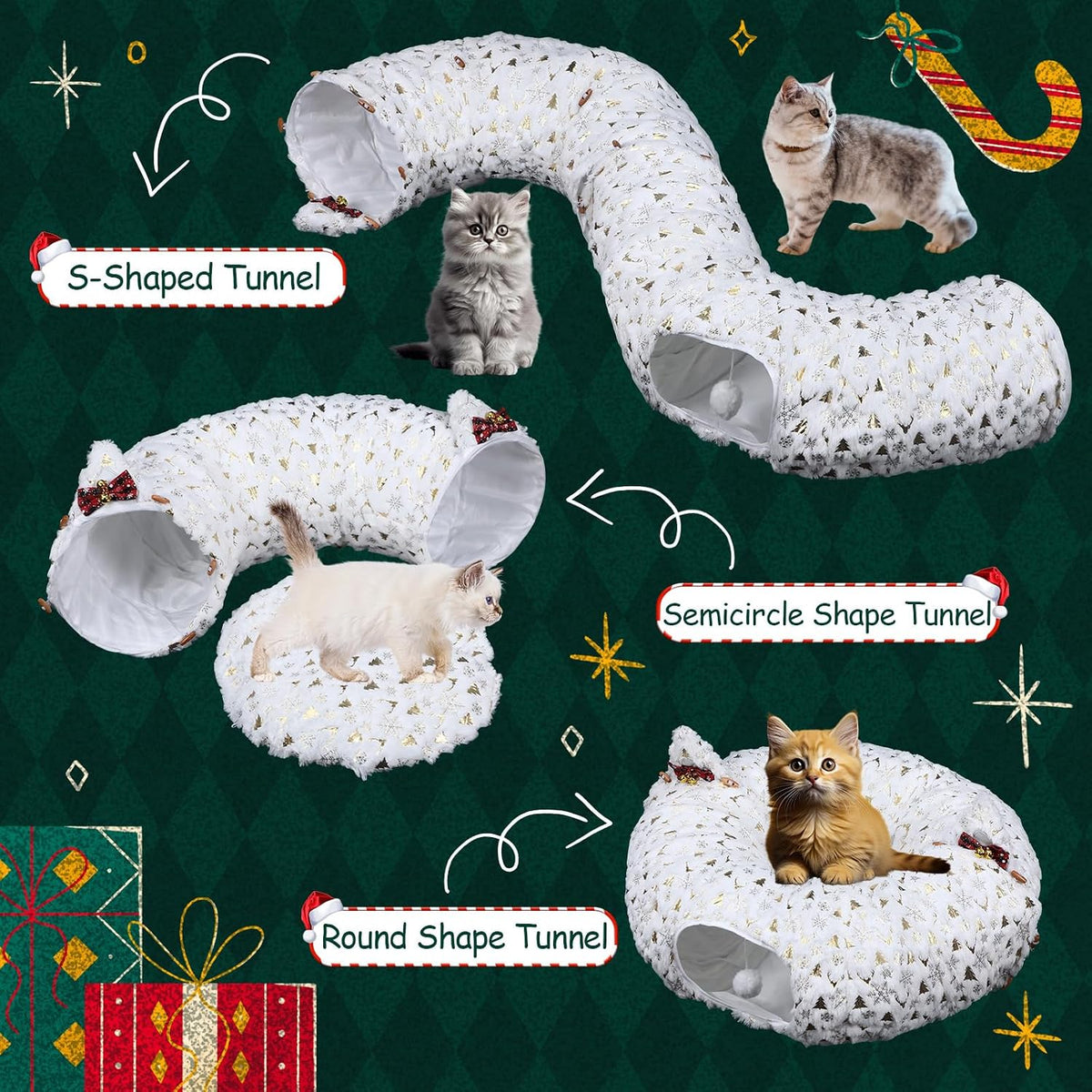 AceOrbit Christmas Cat Tunnel Bed Under Christmas Tree