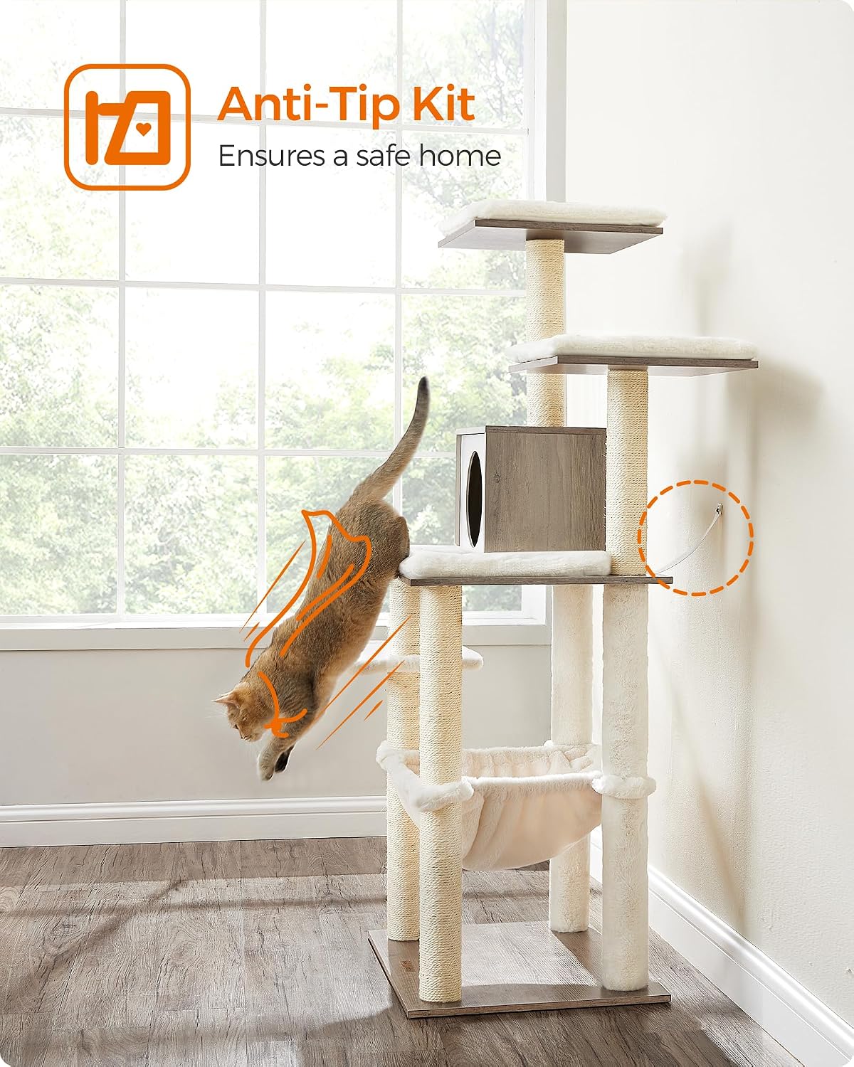 Feandrea Cat Tree, 56.3-Inch Contemporary Cat Tower, Multi-Level Condo