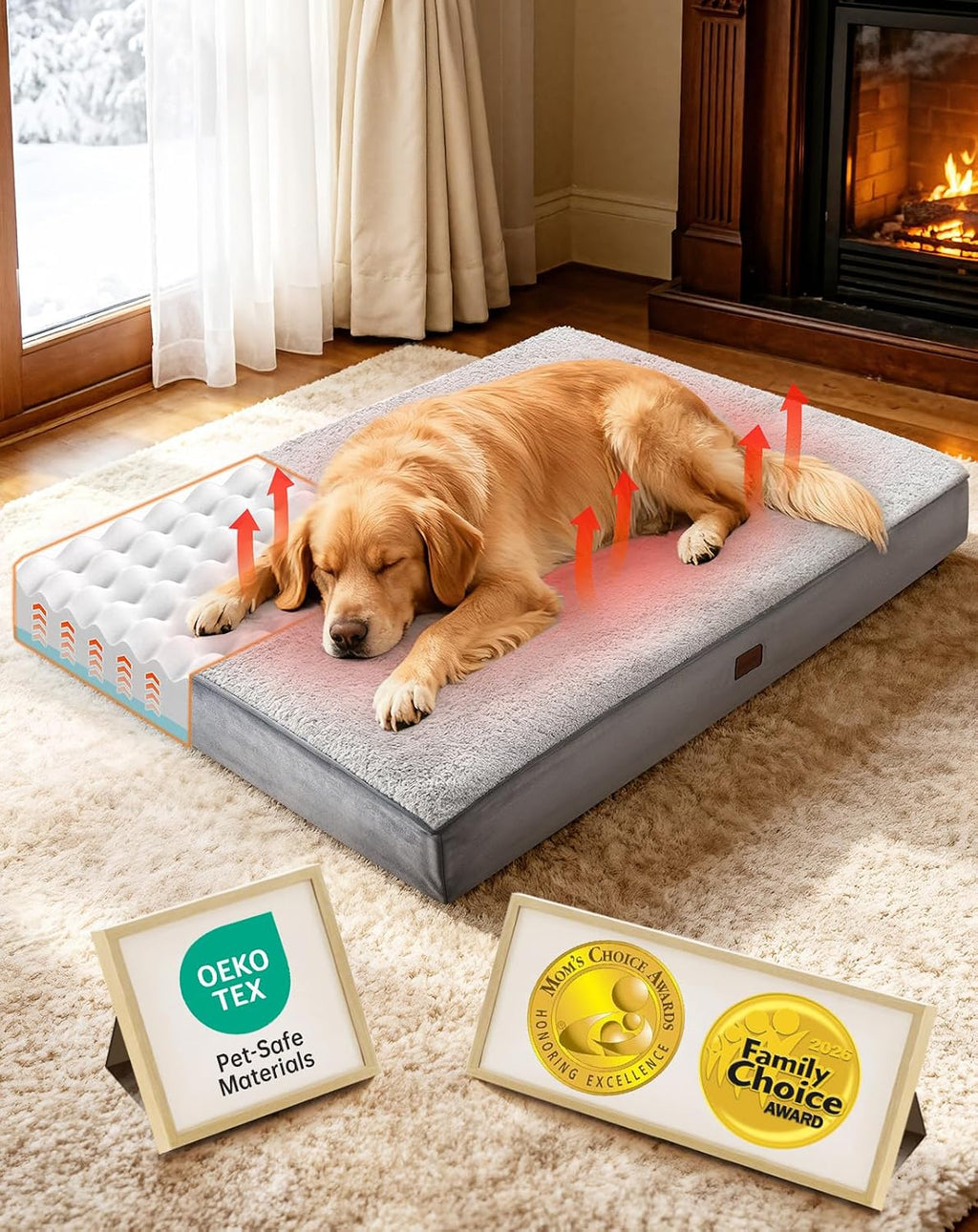 OhGeni Self-Warming Orthopedic XXL Dog Bed, Memory Foam, 44 inch(Gray)