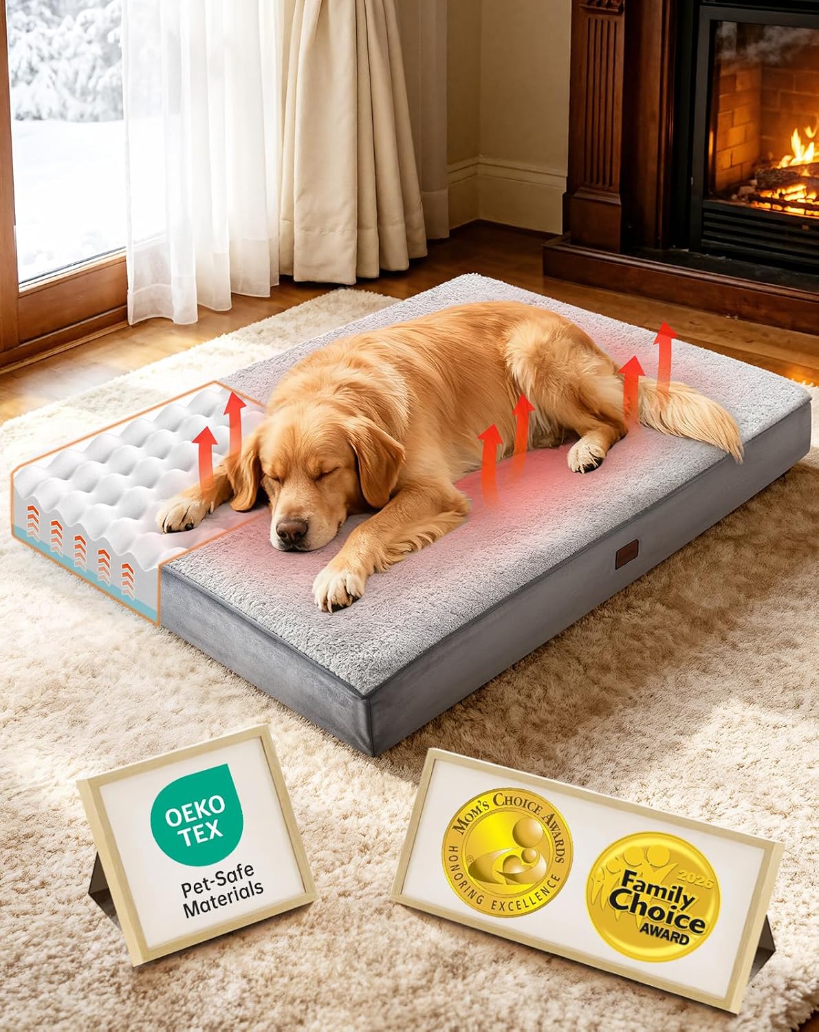 OhGeni Self-Warming Orthopedic XXL Dog Bed, Memory Foam, 44 inch(Gray)