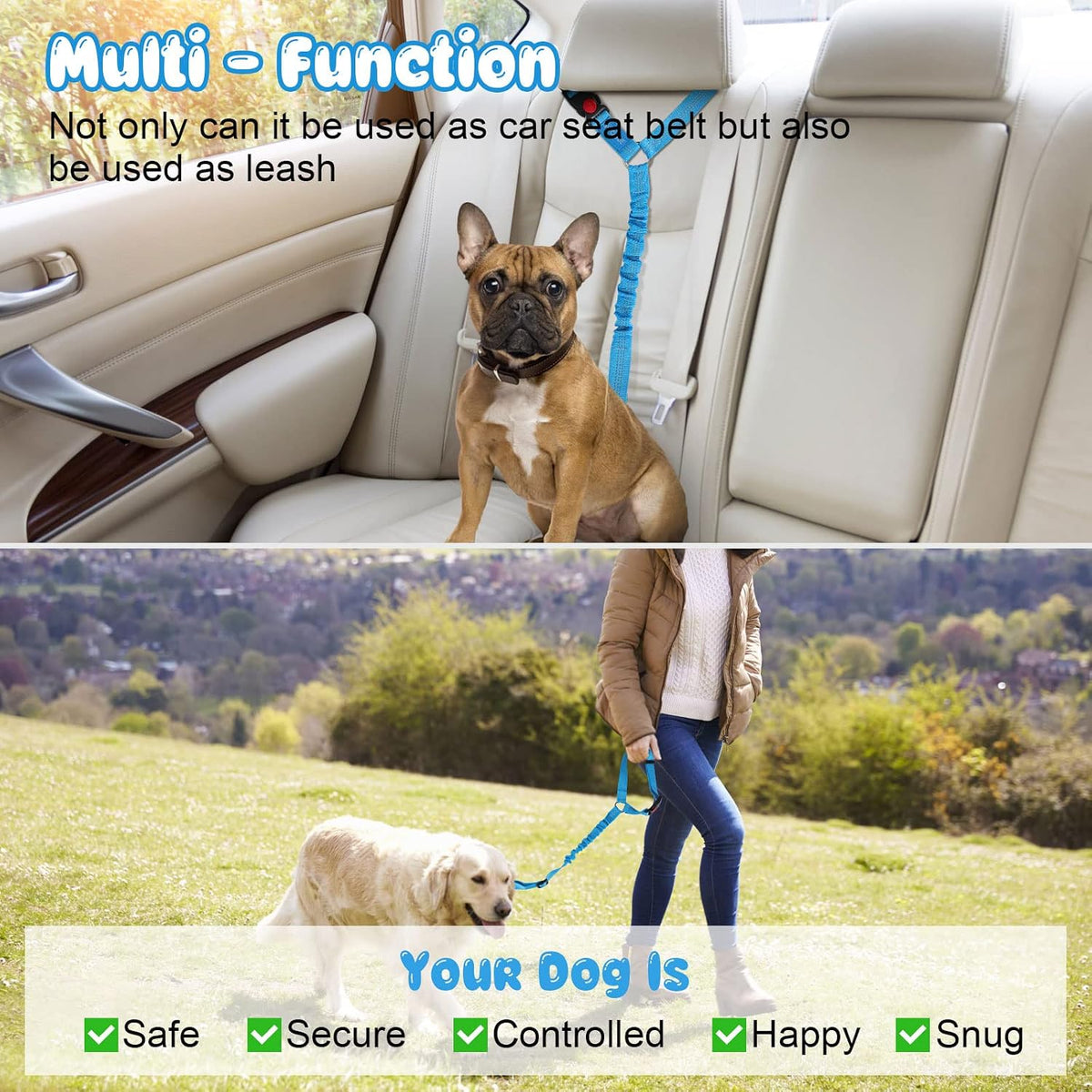 BWOGUE Dog Seat Belt for Car, Headrest Restraint Bungee Lead, Blue