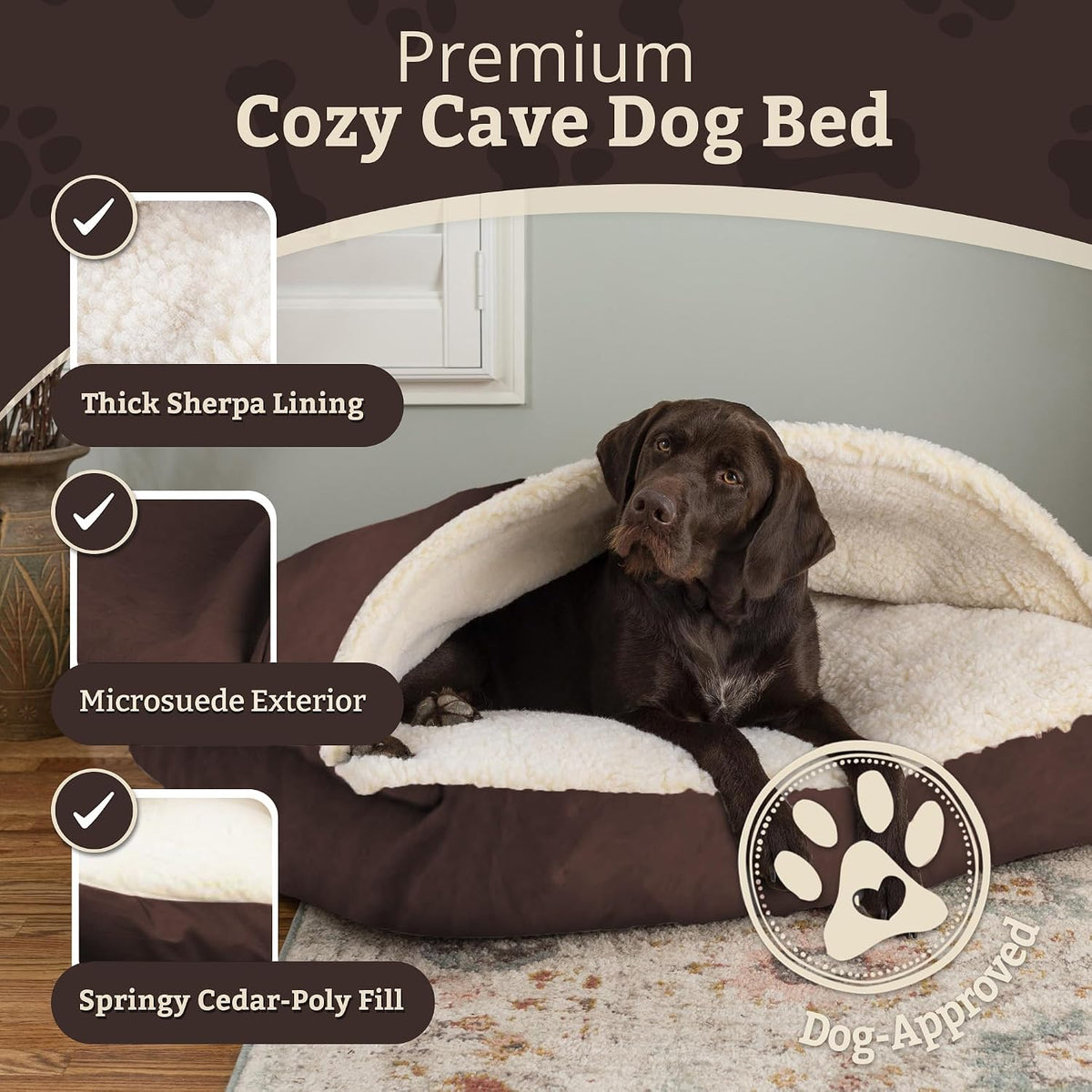 Snoozer Rectangle Cozy Cave Dog Bed, Hooded Dog Bed, Hot Fudge (S)