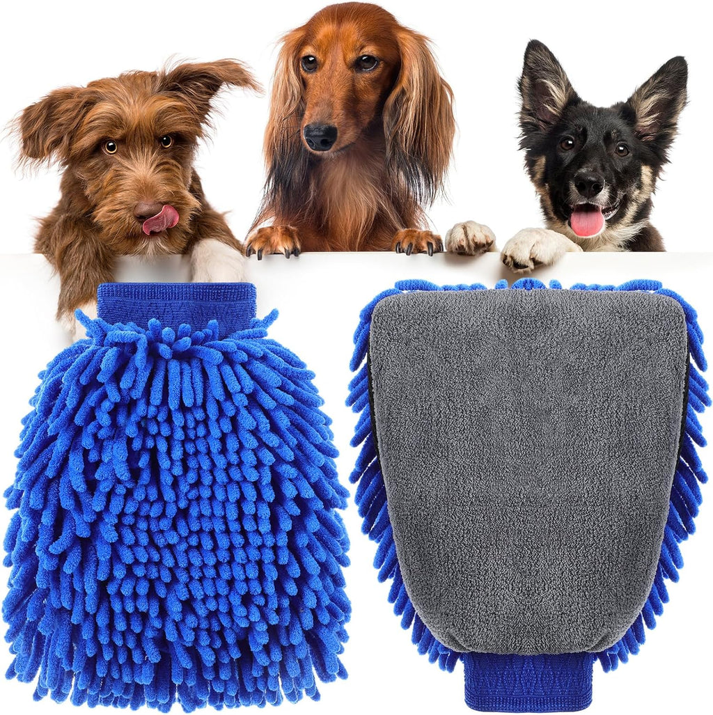 Teenyyou 2 Pcs Dog Towel Chenille Microfiber Pet Grooming Gloves,Blue