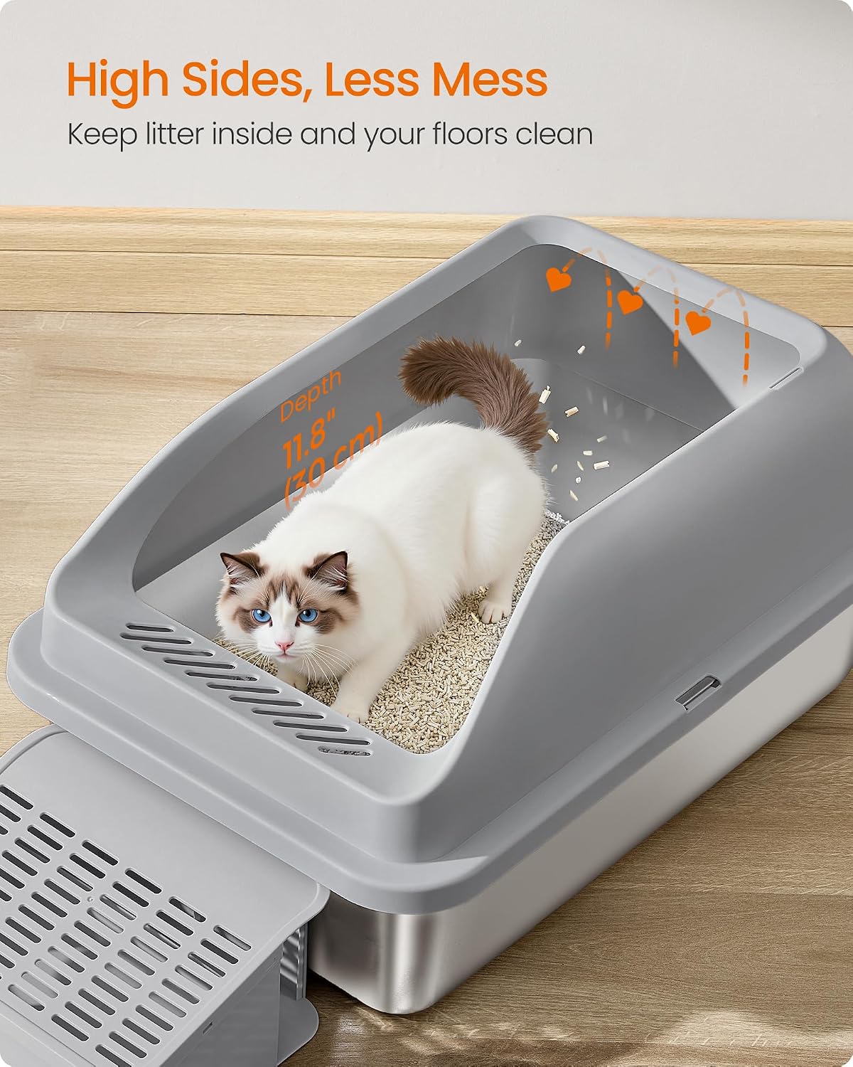 Feandrea 1 Pack Stainless Steel Cat Litter Box, for Cats up to 33 lb | High Sided Litter Tray with Open Top, Step, Scoop, Brush, Dove Gray, UPPT008GN01
