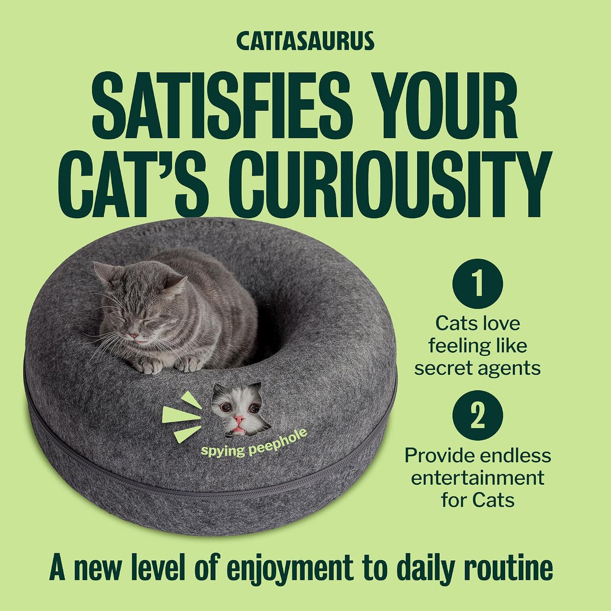 Cattasaurus Peekaboo Cat Cave Donut for Multiple & Large Cats up to 30-45 lbs, 3-in-1 Self Warming Cat Bed, Tunnel & Scratcher for Indoor Cats, Washable & Detachable (Dark Gray + Dark Gray, Large)