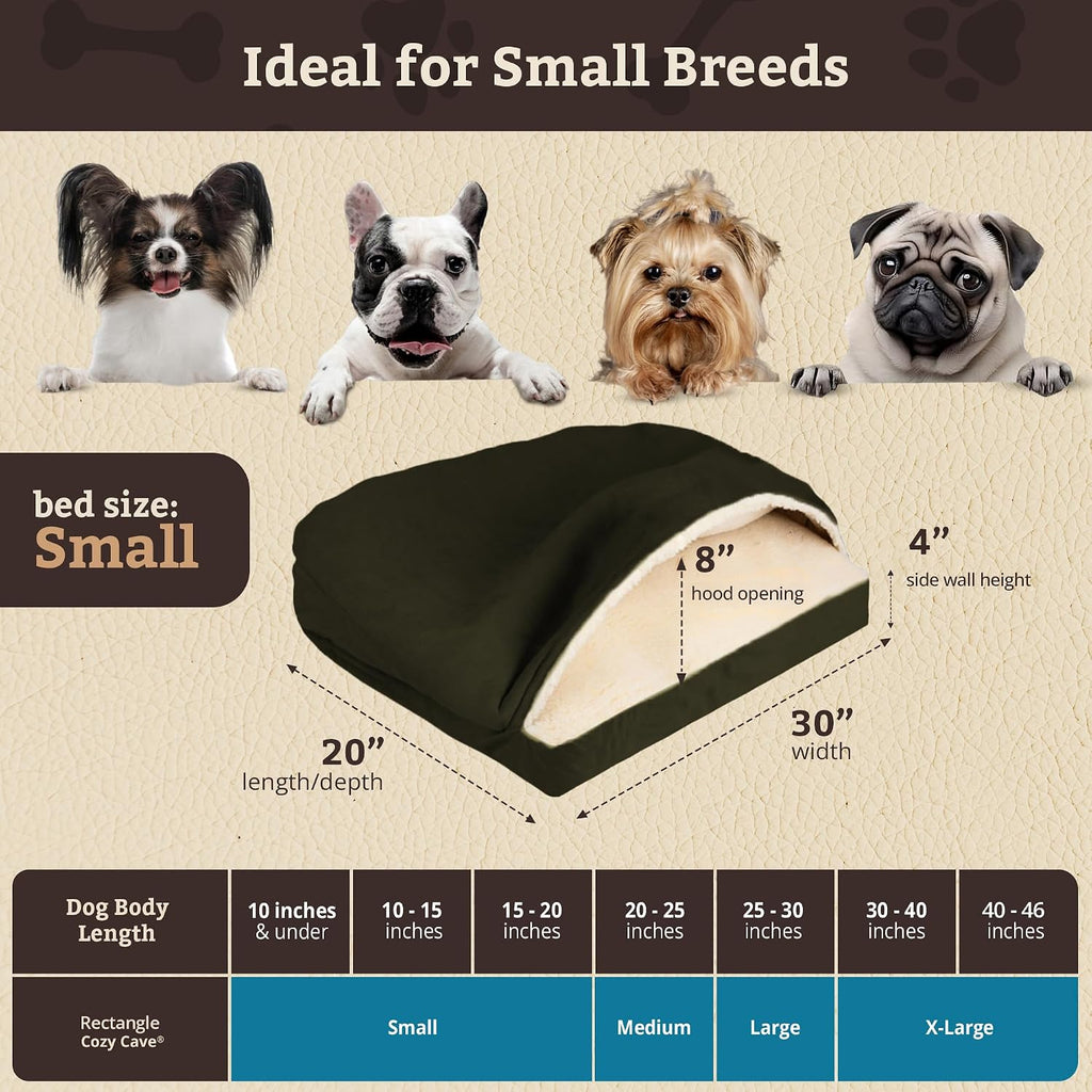 Snoozer Rectangle Cozy Cave Dog Bed, Hooded Dog Bed, Olive (S)