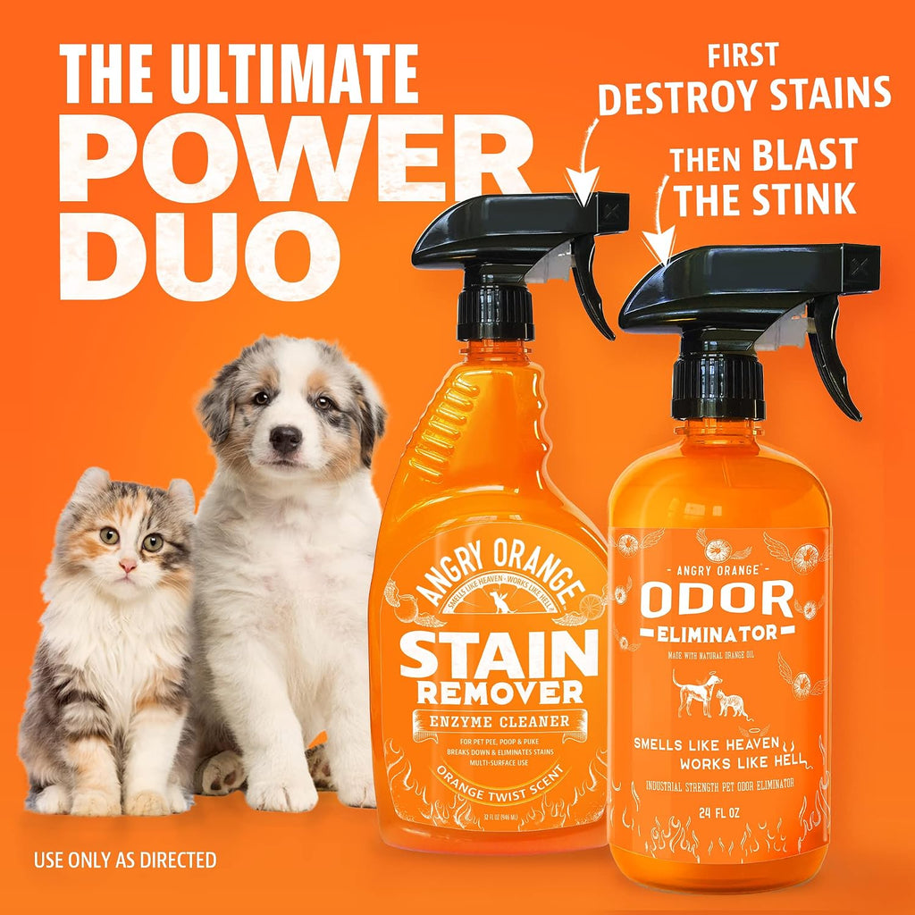 ANGRY ORANGE 2-Pack Pet Odor Eliminator for Strong Odor – 24oz Citrus Deodorizers for Dog or Cat Smells with 1-Gallon Refill