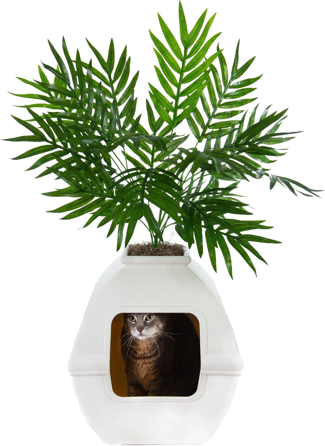 Good Pet Stuff Courtyard Hidden Litter Box Planter, Decorative Cat Litter Enclosure with Carbon Filter, Artificial Palm Plant, Square Design, Easy to Clean, Base Kit, White Birch
