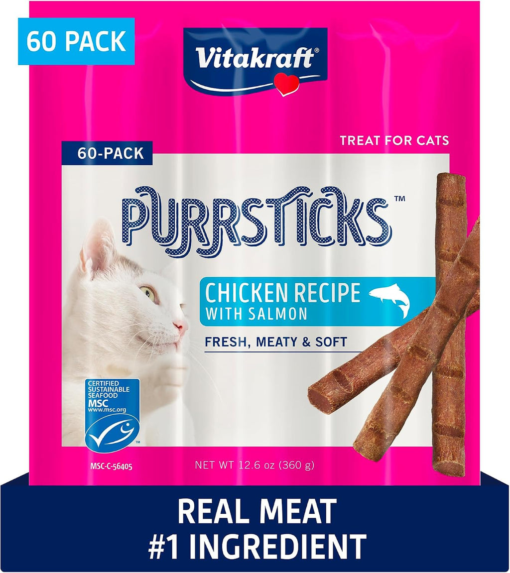 Vitakraft PurrSticks for Cats - Nutritious & Healthy Soft Cat Treats - Gently Oven Roasted Meat Sticks for Cats w/ 70% Meat - Easy-to-Serve Cat Chew Sticks (Salmon, 60 Pack)