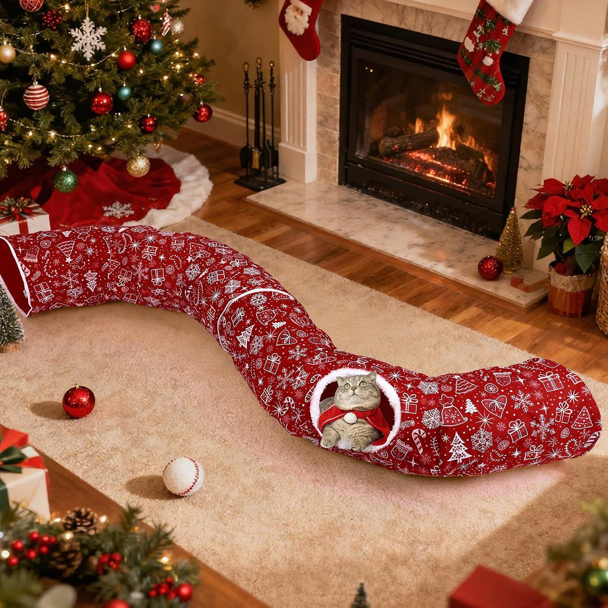 Cat Tunnel Christmas Tree Skirt Cat Donut Tunnel Bed, Gift Box
