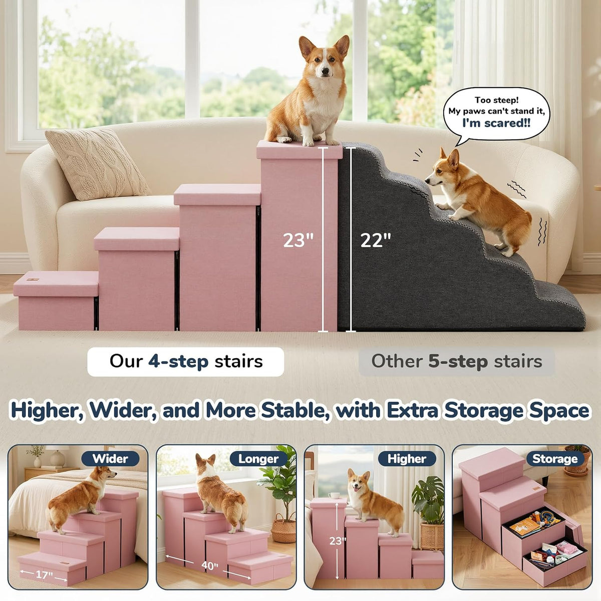 4-Step Wide Dog Stairs with Storage 23" H, Non-Slip Sturdy Pet Steps for High Bed Couch Window, Pet Stairs for Small/Medium/Large Old Dogs Cats Up to 220lbs, Cat Dog Steps for Car/SUV, Pink