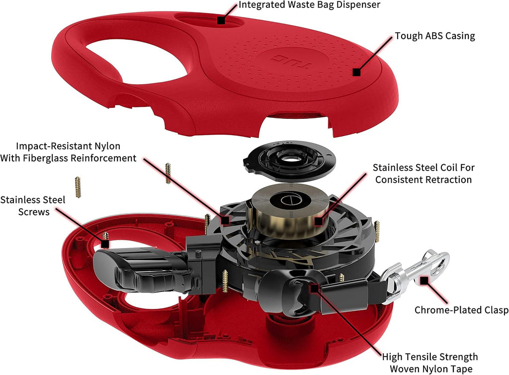 TUG Oval 360° Tangle-Free Retractable Dog Leash with Integrated Waste Bag Dispenser (Medium, Red)