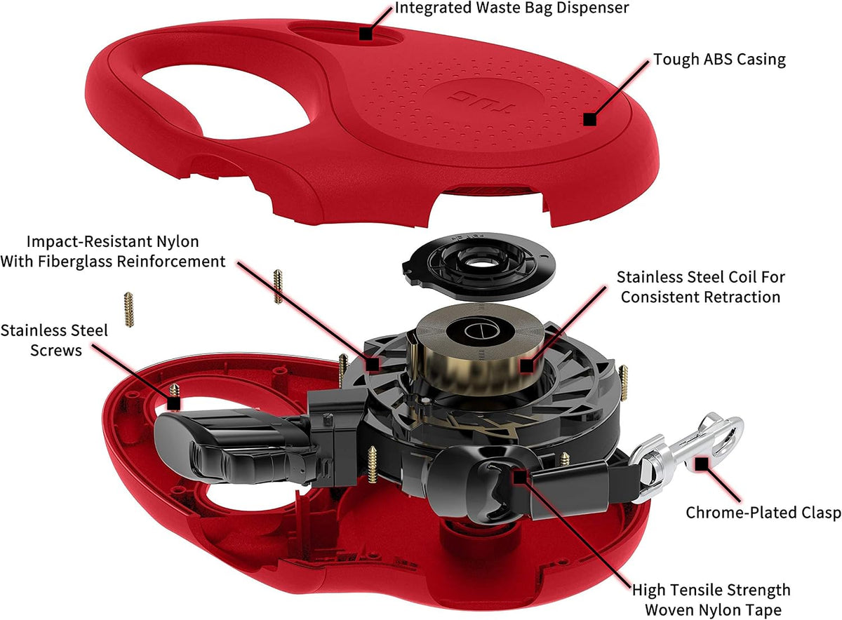 TUG Oval 360° Tangle-Free Retractable Dog Leash with Integrated Waste Bag Dispenser (Medium, Red)