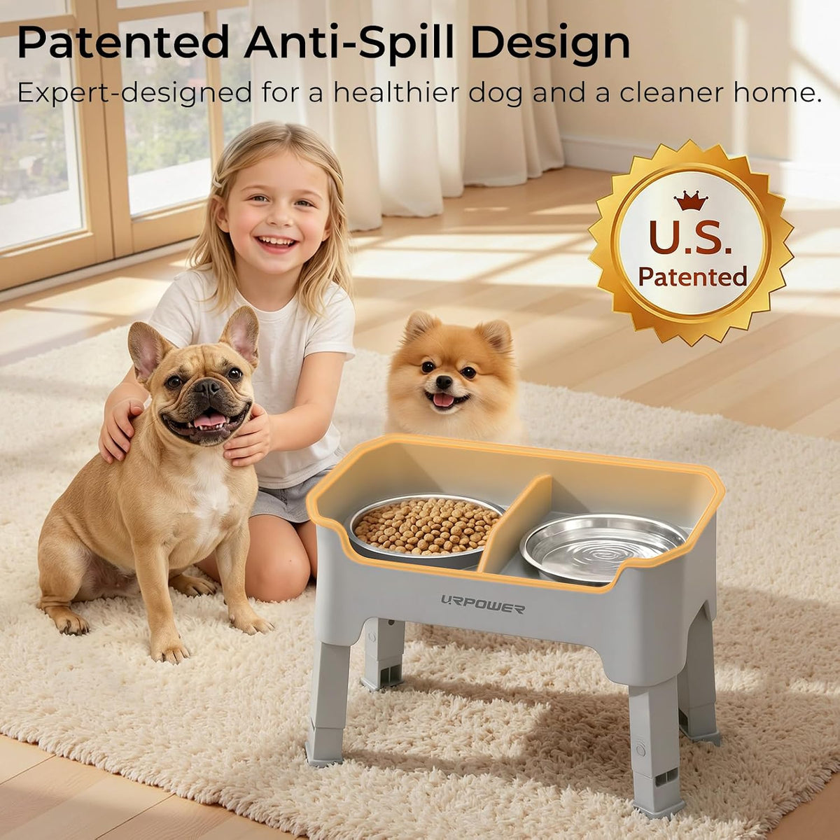 URPOWER Mess Proof Elevated Dog Bowls, Splash Guard Raised Bowl Stand | 4 Adjustable Heights, 2 Stainless Steel Bowls, Food & Water Separation, Non-Slip Base, Foldable Design for Small Dogs 