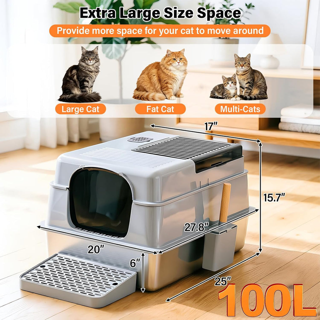 Stainless Steel Litter Box with Lid XXXXL,Metal Cat Litter Box | 3IN1 High Sides Covered for Big/Multiple Cats,Indoor,1-Mat and 1-Scoop,Easy to Clean, No Odor,Anti-Urine Leakage