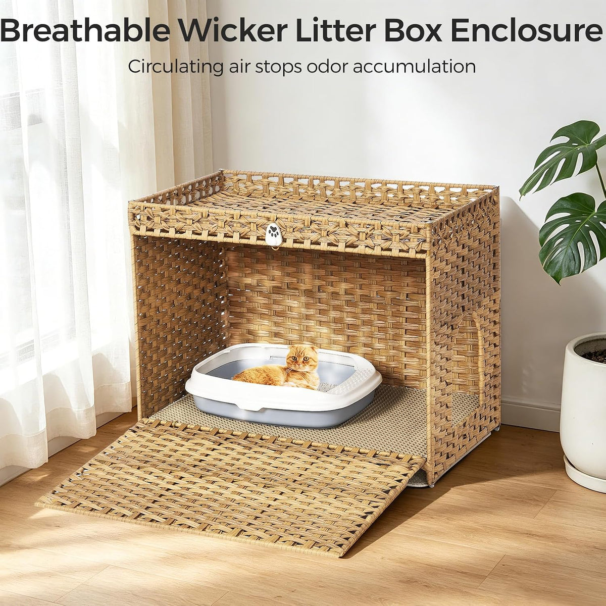 Cat Litter Box Enclosure with Door, Hidden Cat Washroom Furniture | Handwoven PP Wicker; Soft Litter Mat Included; Spacious Interior; Furniture-Style Design; Indoor Home Décor