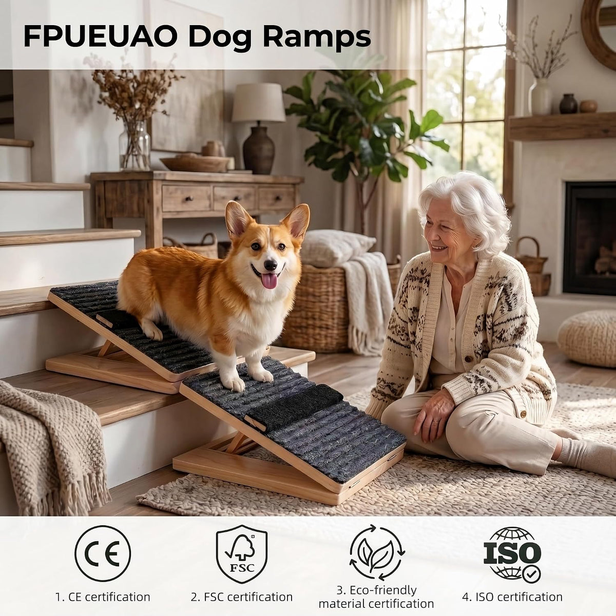 2 Pack Wooden Adjustable Dog Stairs Ramps, 3-Level Adjustable Triangular Pet Ramp, Indoor & Outdoor Portable Dog Steps with Anti-Slip Mat, Suitable for Dogs, Cats, Elderly and Injured Pets (2)