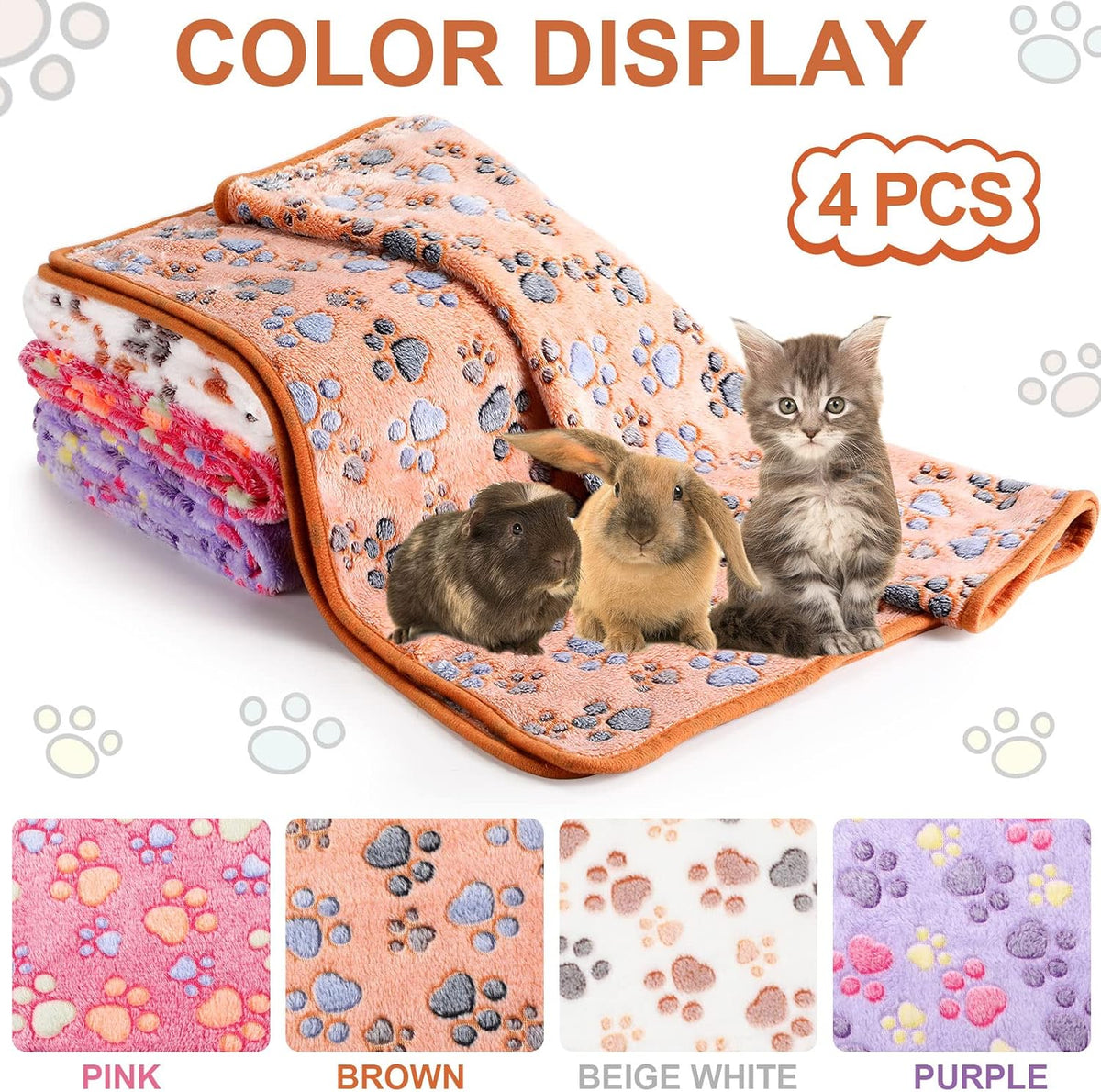 Tatuo 4 Pcs Fleece Dog Blankets for Puppy Cat, Mixed, 41 x 30 in, Paw