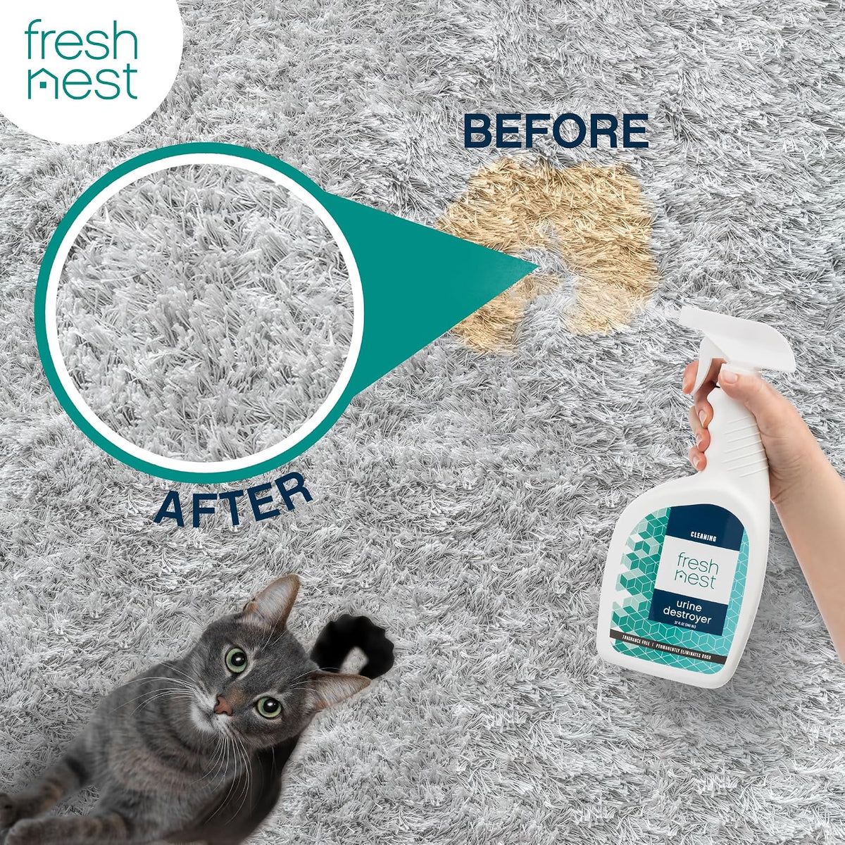 Urine Destroyer - Fragrance-Free Cleaner for Stain and Odor Removal on Wood Floors, Carpets, Mattresses - Ideal for Cats, Dogs, and Pets - Powerful Resolve and Eliminator Formula - 32 Fl Oz