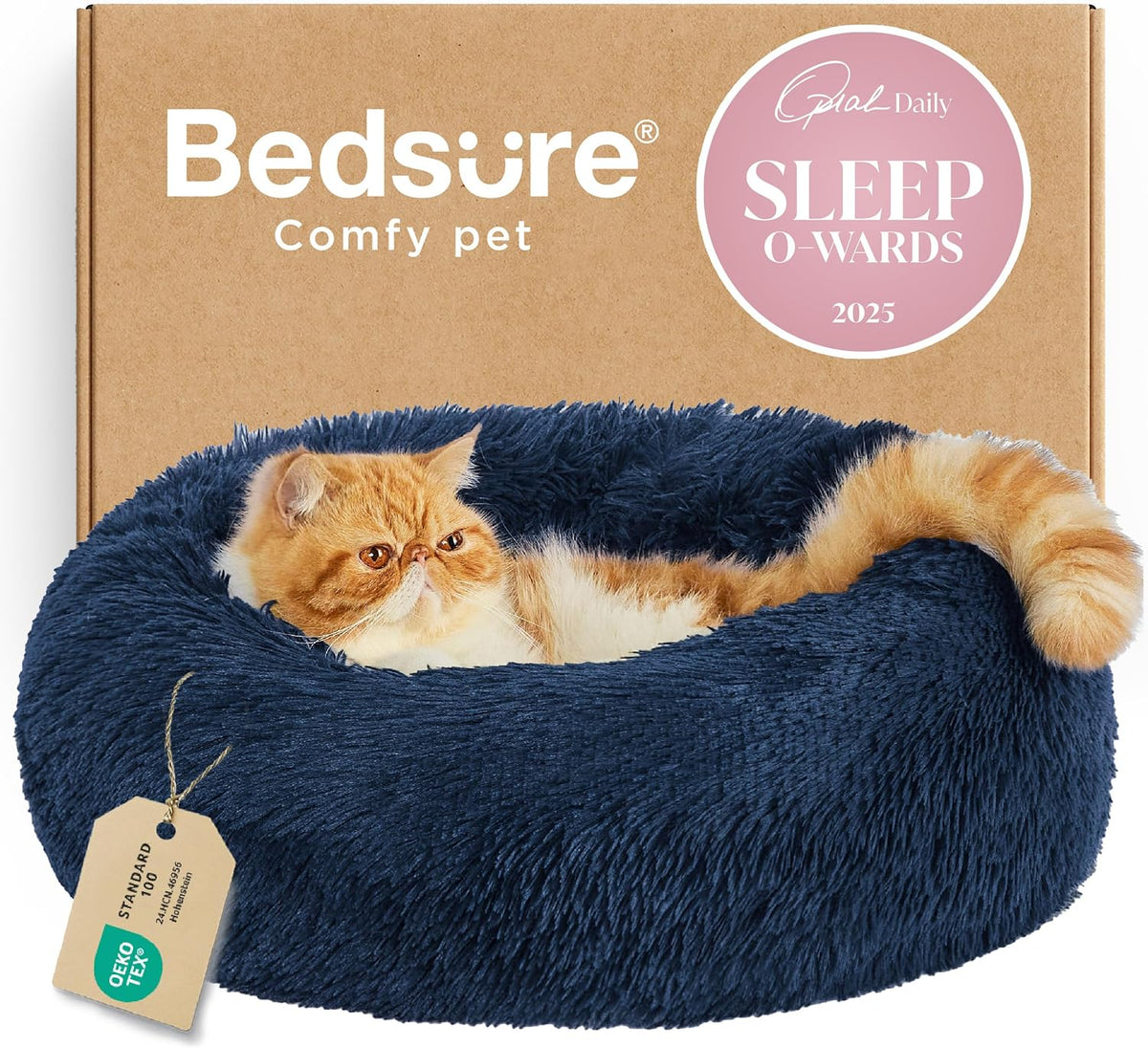 Bedsure Calming Cat Beds Donut Round Washable Kitten Bed,20 inches Navy