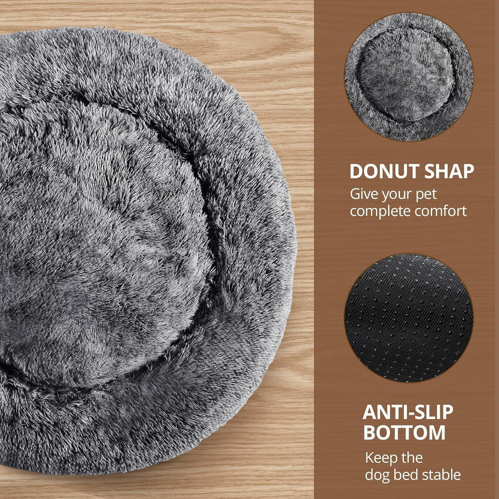 JOLLYVOGUE Calming Dog Bed Medium Size Dog, Anti-Anxiety Donut Medium Pet Bed, 27 inches Fluffy Faux Fur Round Cat Bed (Smoke Black)