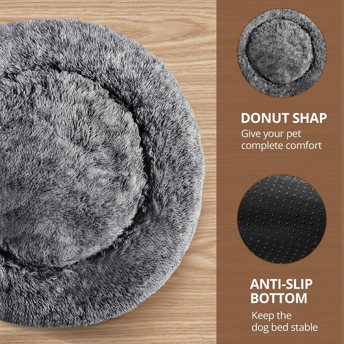 JOLLYVOGUE Calming Dog Bed Medium Size Dog, Anti-Anxiety Donut Medium Pet Bed, 27 inches Fluffy Faux Fur Round Cat Bed (Smoke Black)